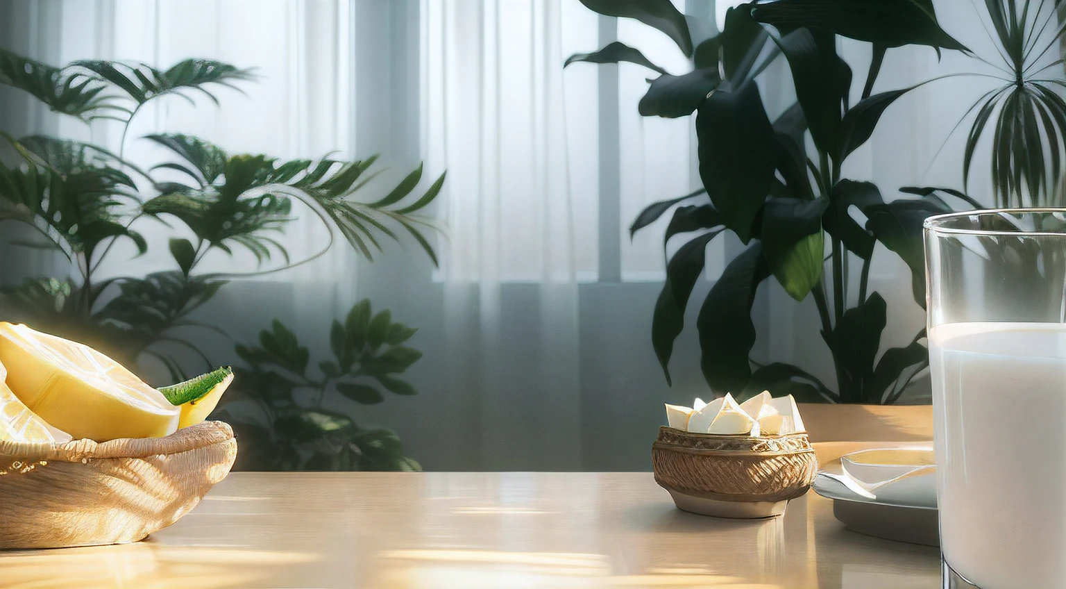 There was a glass of milk and a plate of fruit on the table, with backdrop of natural light, Realistic afternoon lighting, Detailed natural lighting, Relaxing environment, natural realistic render, quiet and serene atmosphere, interior scenes, relaxing atmosphere, natural window lighting, gentle ambient lighting, detailed cinematic rendering, animation style render, blurred environment background, photorealistic cinematic render