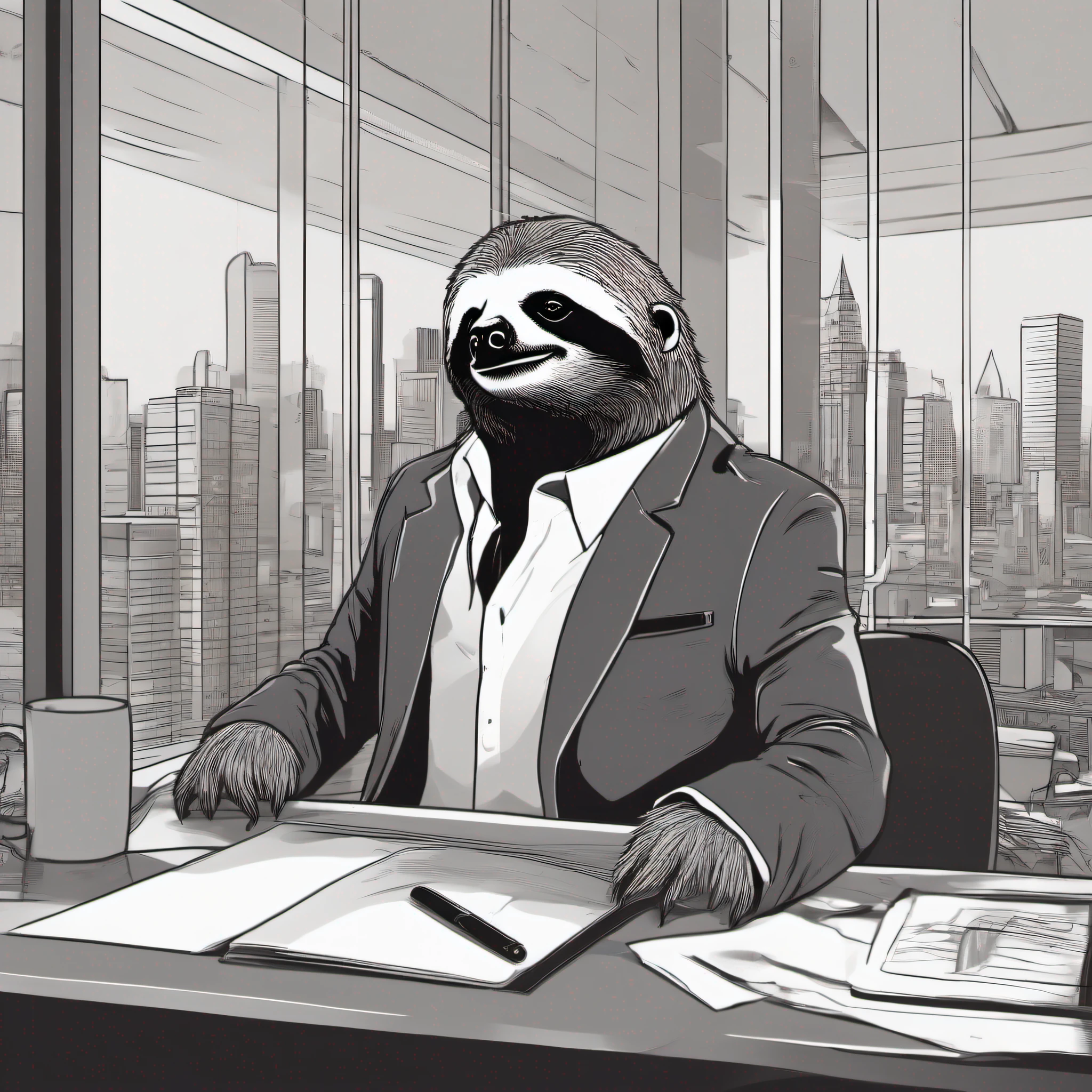 A stylish sloth dressed up in a formal business attire is sitting on the edge of its desk inside an extremely modernist and minimalistic corporate office; it is looking through the window at the bustling metropolis outside while casually enjoying some fresh coffee