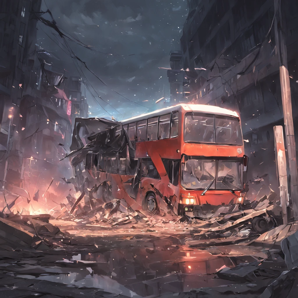 Real bus,On the street,Car accident,crashing,There is liquid on the ground,Black liquid,There are large pits in the ground,iron sheet,wreckage,废墟,photorealistic background
