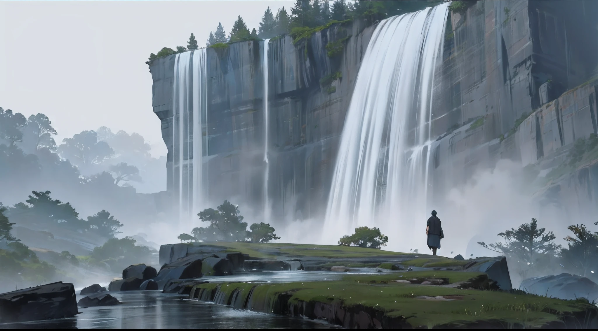 There is a precipitous cliff in front，The wall is Taki.、background is waterfall, Waterfall in the distance, Fog from the waterfall,  spectacular, Realistic cinematic visuals, There is a terrace in the air in the foreground.、People looking at the waterfall々.、、A wide waterfall that fills the screen、Ultra-realistic 4K quality,