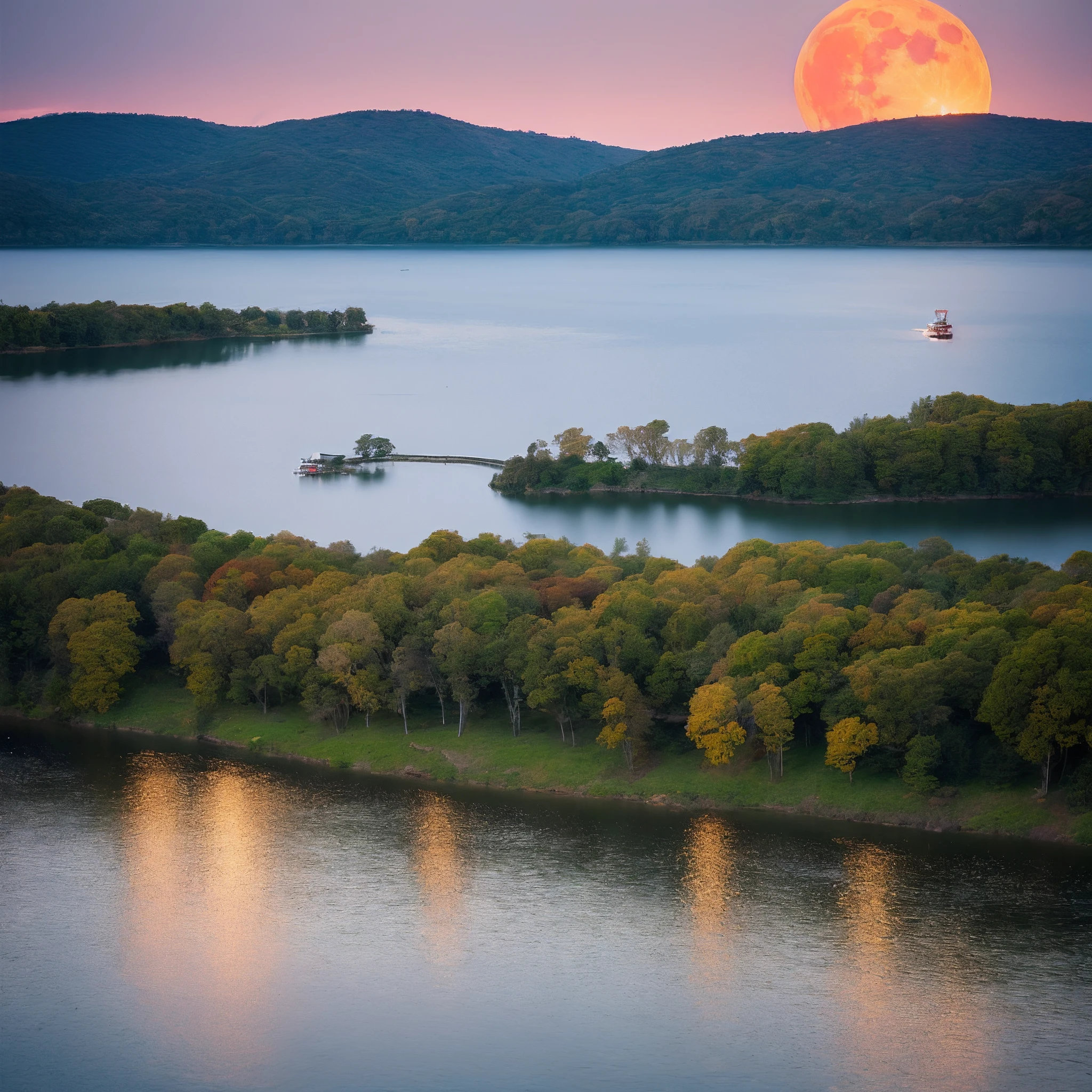 nigth,cawing ravens,Red moon,Lake surface,ferry