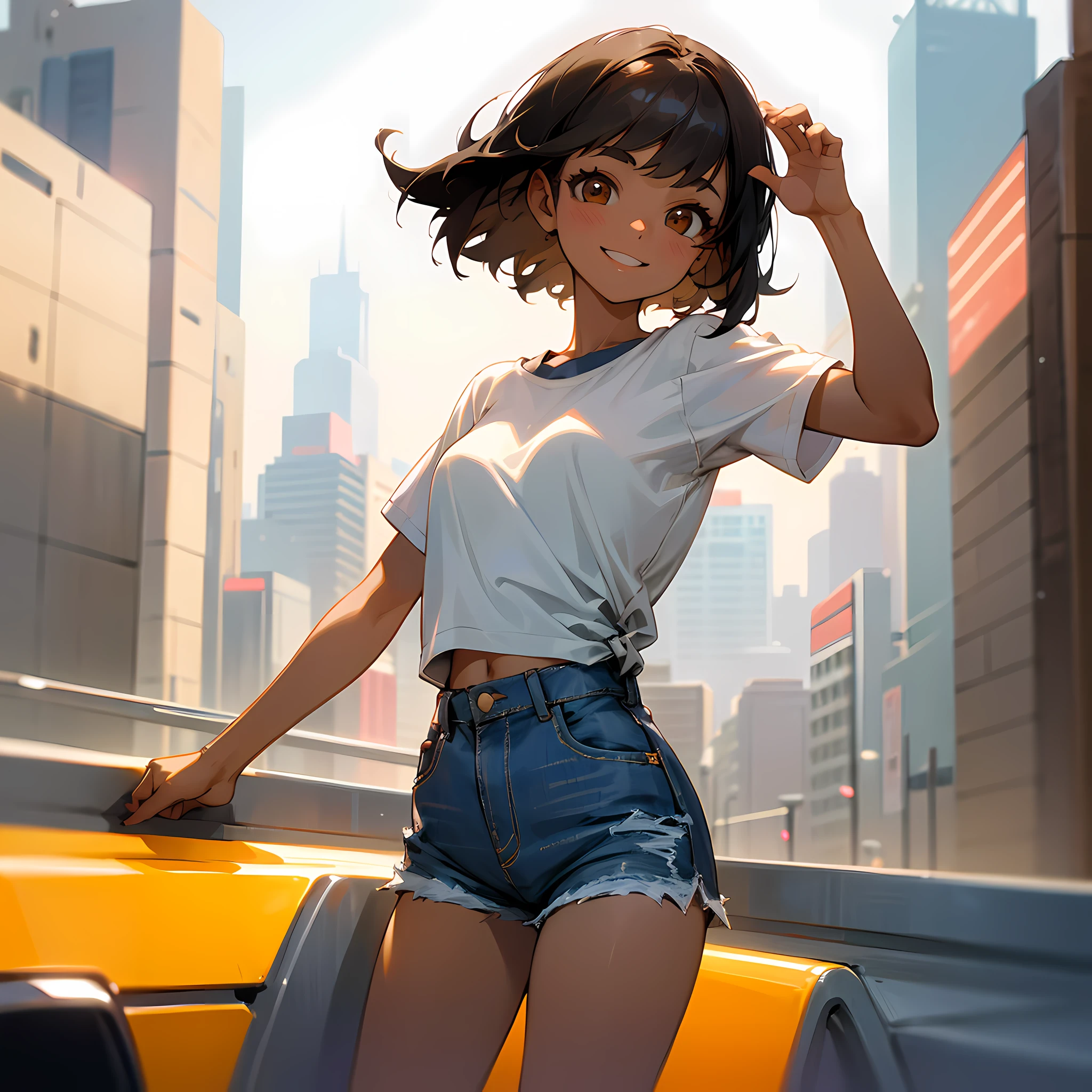 1girl, short black hair, brown eyes,brown skin, wearing plain white shirt, denim shorts, city, absurdres, high res, ultrasharp, 8K, masterpiece, looking at viewer, smiling