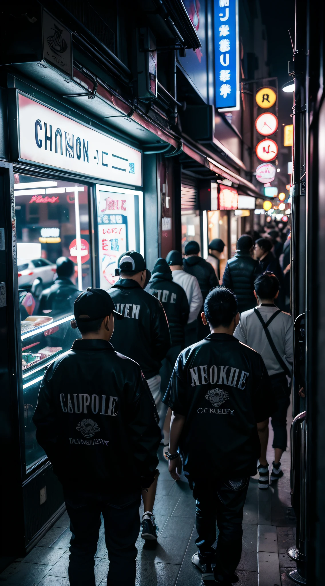 A photograph of a Japanese gang members in the Tokyo strip club, strippers are staying together with gangsters, neon signs all-around, dark, contrast, japan 80's colors, dark background, contrast, (cinematic light), (full frame DSLR Canon camera), 85mm macro, (f1.8), (ISO 1200)