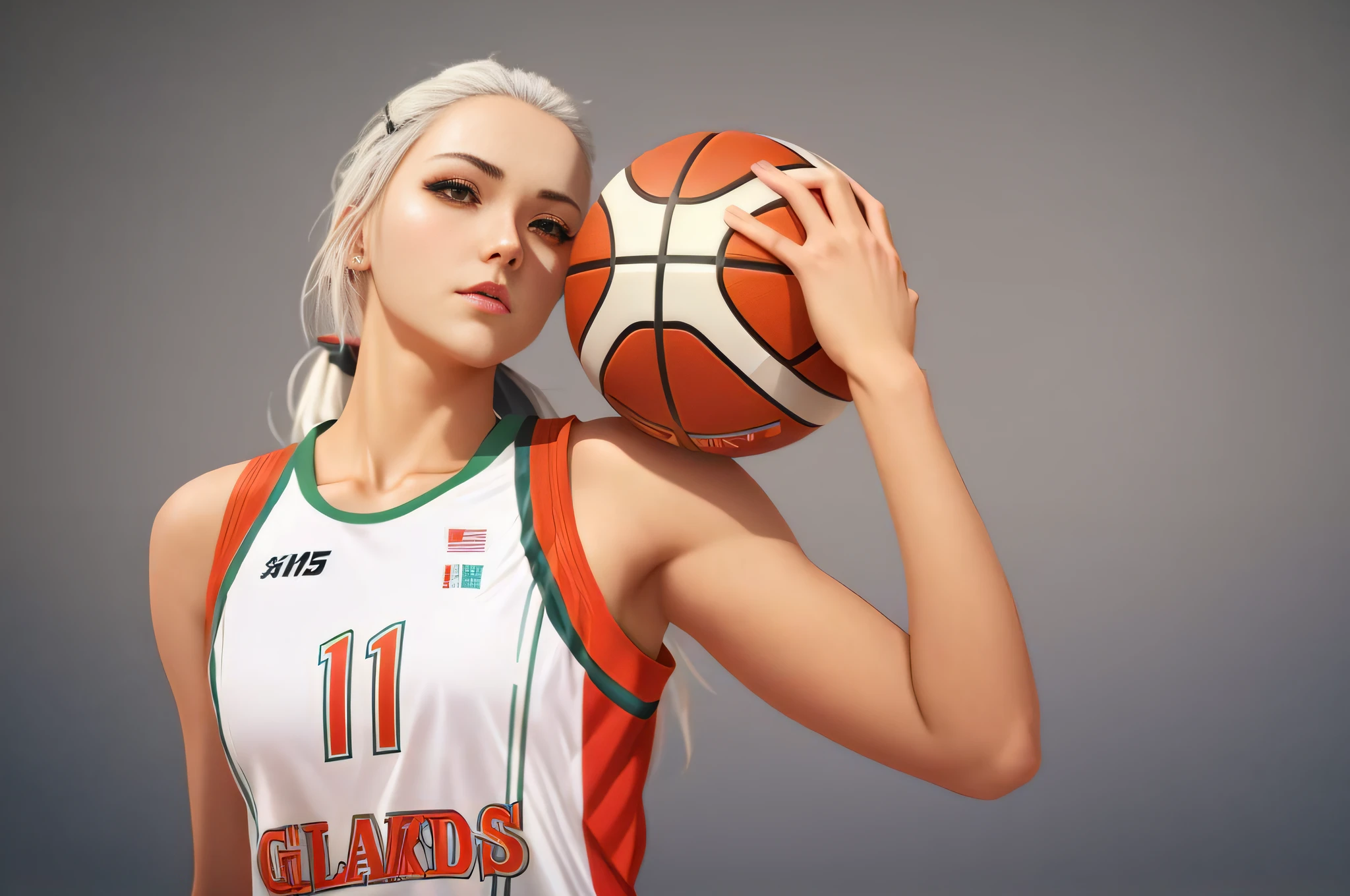 There is a teenage girl posing for a shoot,Holding a basketball in one hand， basketball player，Wear basketball jersey，slender figures，White hair tied in a ponytail，On the gymnasium basketball court，photo from the olympic games，Best anime 4k konachan wallpaper, Detal Face, full bodyesbian, Guweiz on ArtStation Pixiv, Realistic anime 3 D style, Badass anime 8 K, Guweiz in Pixiv ArtStation, trending on artstation pixiv, Guviz-style artwork, style of anime4 K