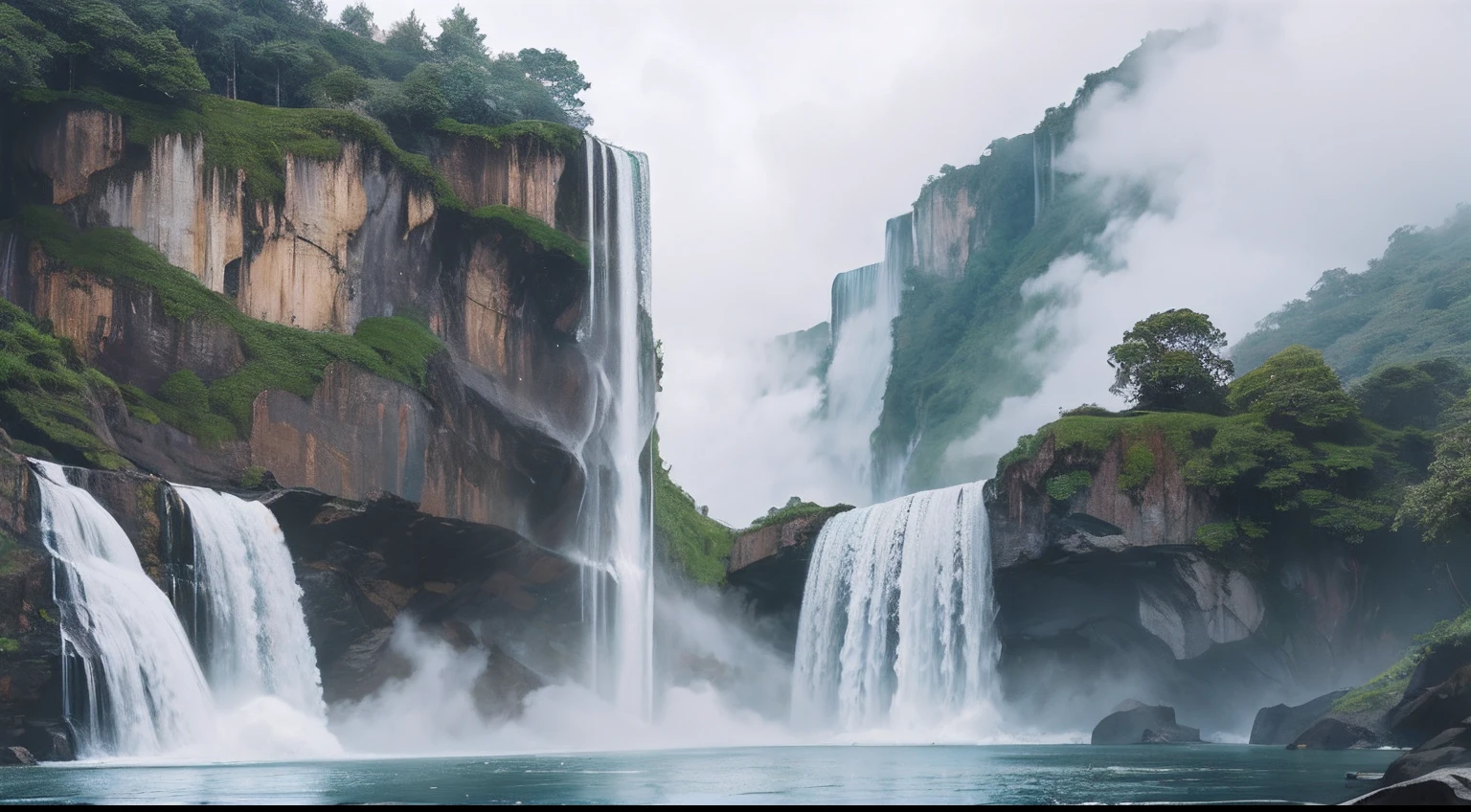 There is a cliff of the building in front,The wall is a taki.、background is waterfall, Waterfall in the distance, Fog from the waterfall, Spectacular, realistic cinematic visuals, Empty terrace、Wide waterfall that fills the screen、Ultra-realistic 4K quality,