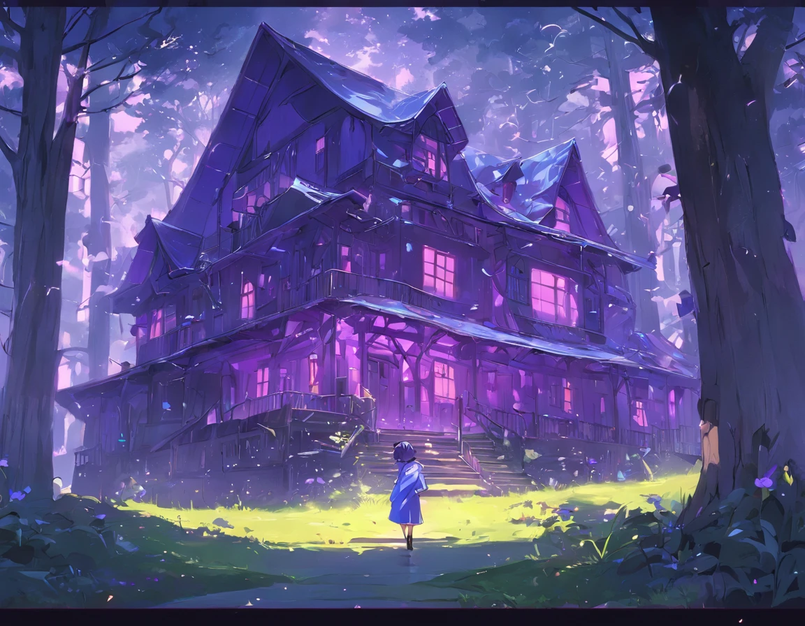 a magical purple and blue house, in the forest,