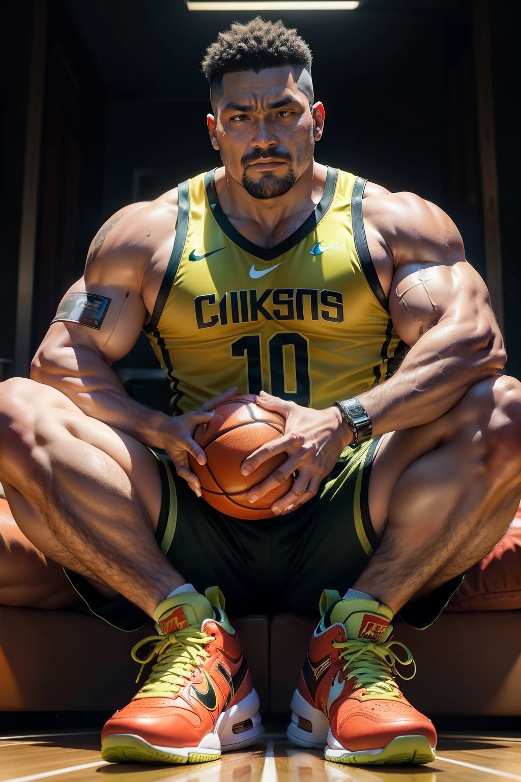 50-year-old middle-aged man,Man,grampa,Height 195,Asian people,sitting in the couch,God perspective,The eyes are about to face each other,Chinese men,musculature,Lift one foot,Wearing a golden Under Armour basketball vest,Gold basketball pants,The number 12 is written on the basketball suit,Gold Under Armour high-leg basketball shoes,Cord,Chains,Ferocious and ferocious,The background is outdoors,There is no basketball,Hold your hands on your knees