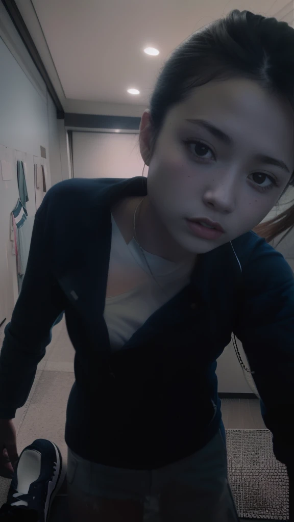 there is a woman in a white shirt and blue shorts, 8 0 s sportswear, clothes in the style of 1 9 9 0, wearing adidas clothing, 1 9 8 0 minimum, dressed in a white t-shirt, 1 9 8 0 s catalog photo, wears.1990's, 90s japan、Beautiful images、photorealestic