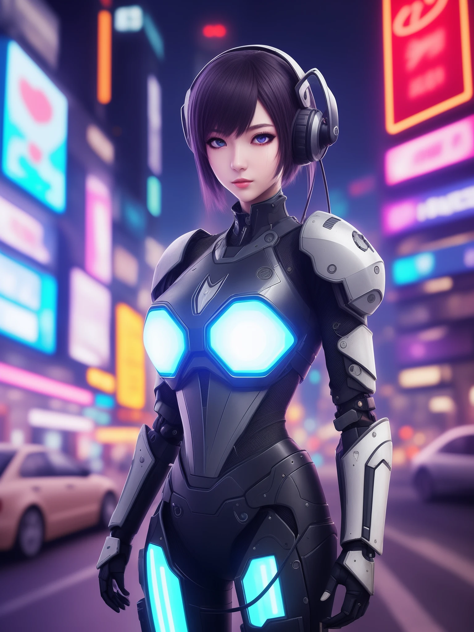 Mechanical girl,cyber punk perssonage,facial closeups,Large breasts,Long legs,city neon light,Pure,二重まぶた,Delicate faces,with fair skin,Incredibly ultra-detailed,stunningly realistic,beautidful eyes,Walk the streets of the city at night,Neon lights,dual horsetail,best qualtiy,tmasterpiece,Dark light,Black and white mechanical armor