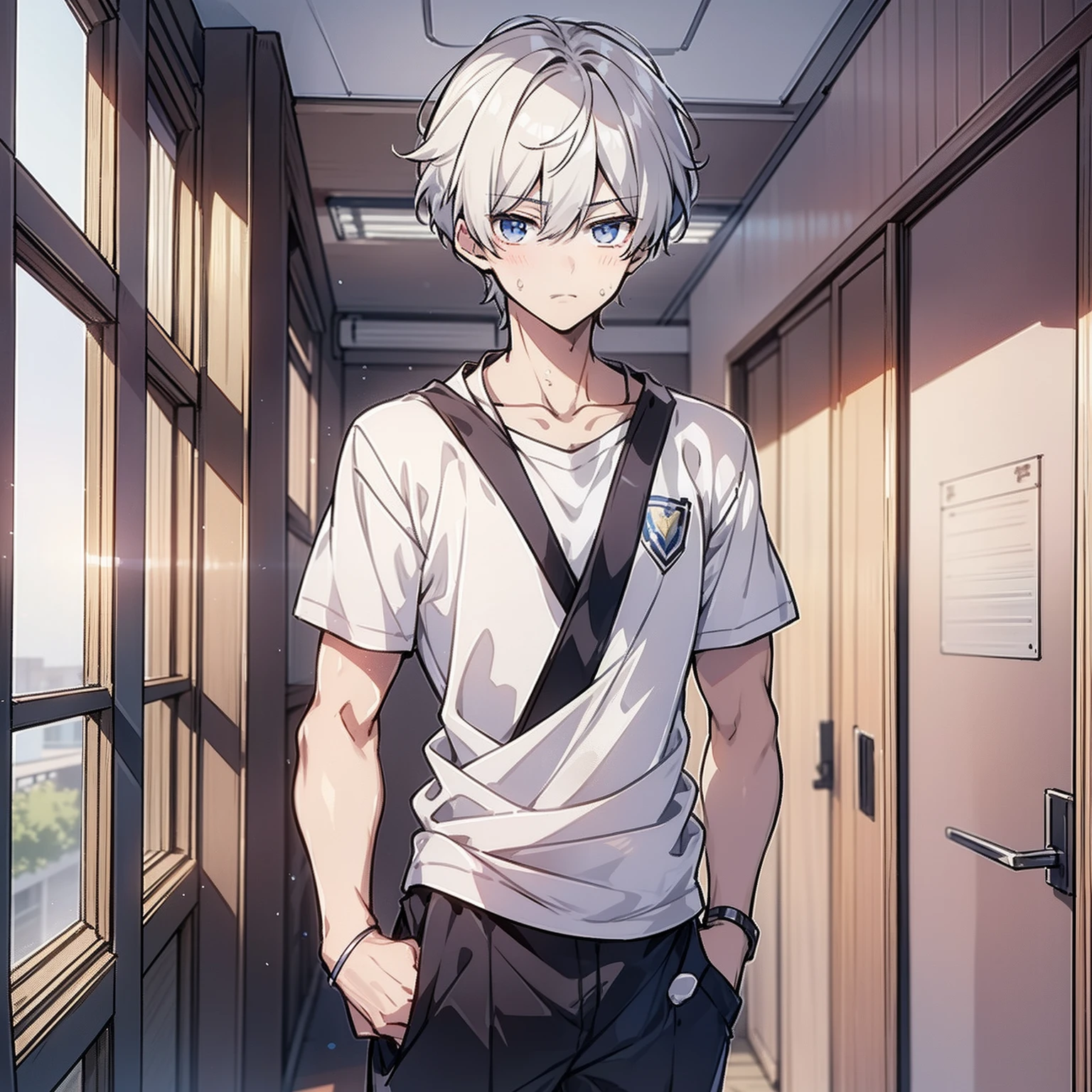 Around 18 years old, young anime man,short white hair 1.5,Wear a plain white shirt,Stand in the doorway of the classroom with your back to the camera(Frown 1.5)(Sweat 1.5)(The background is in a classroom at school:1.5),Anime style 4K,Anime rendering,style of anime,8K fineness,(Upper body display:1.5)(Cinematic lighting:1.5)(Handsome anime boy 1.5)