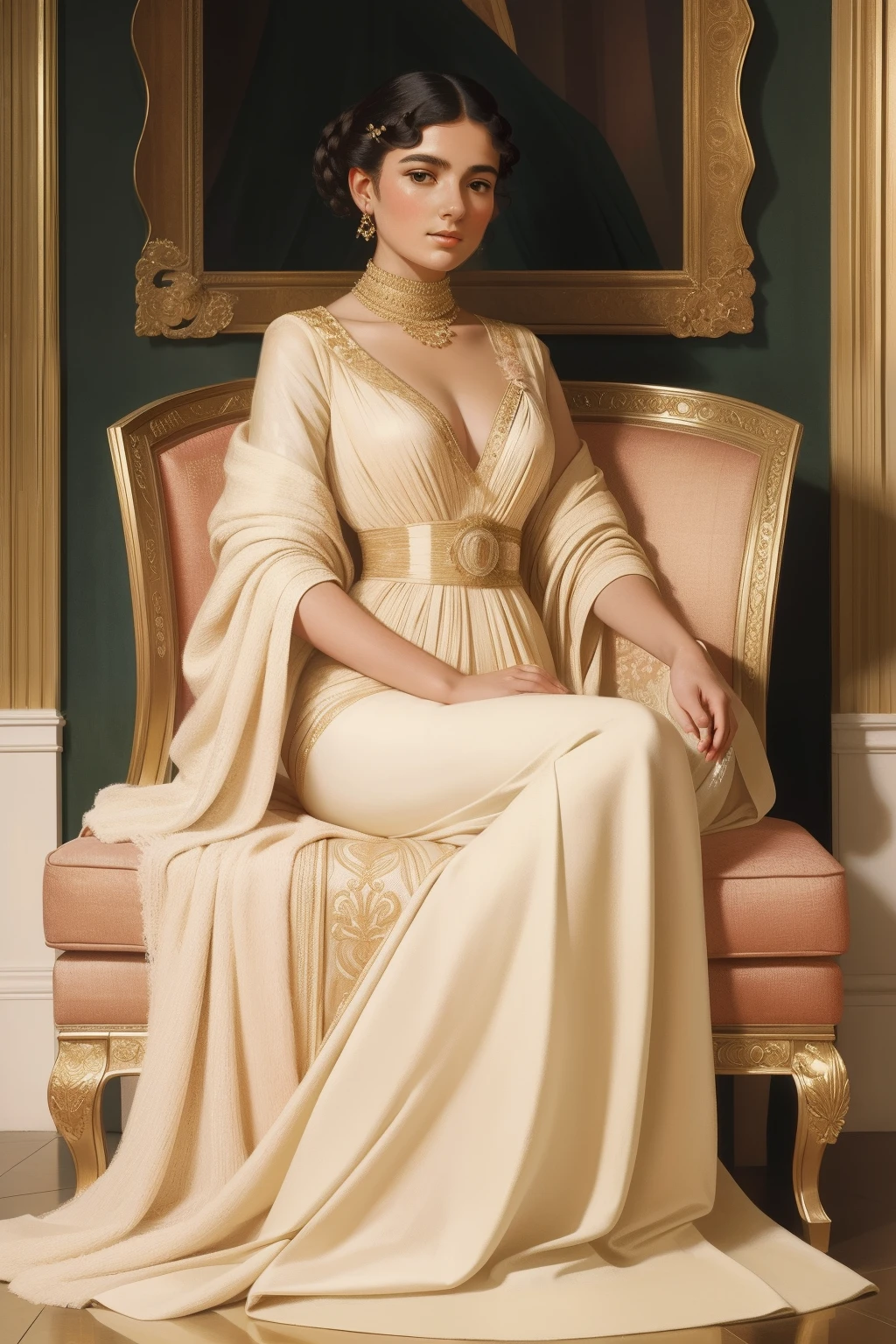 A portrait of a contemporary woman draped in luxurious fabrics and high-fashion clothing, her poise and elegance captured in the meticulous and opulent style of Albert Moore.