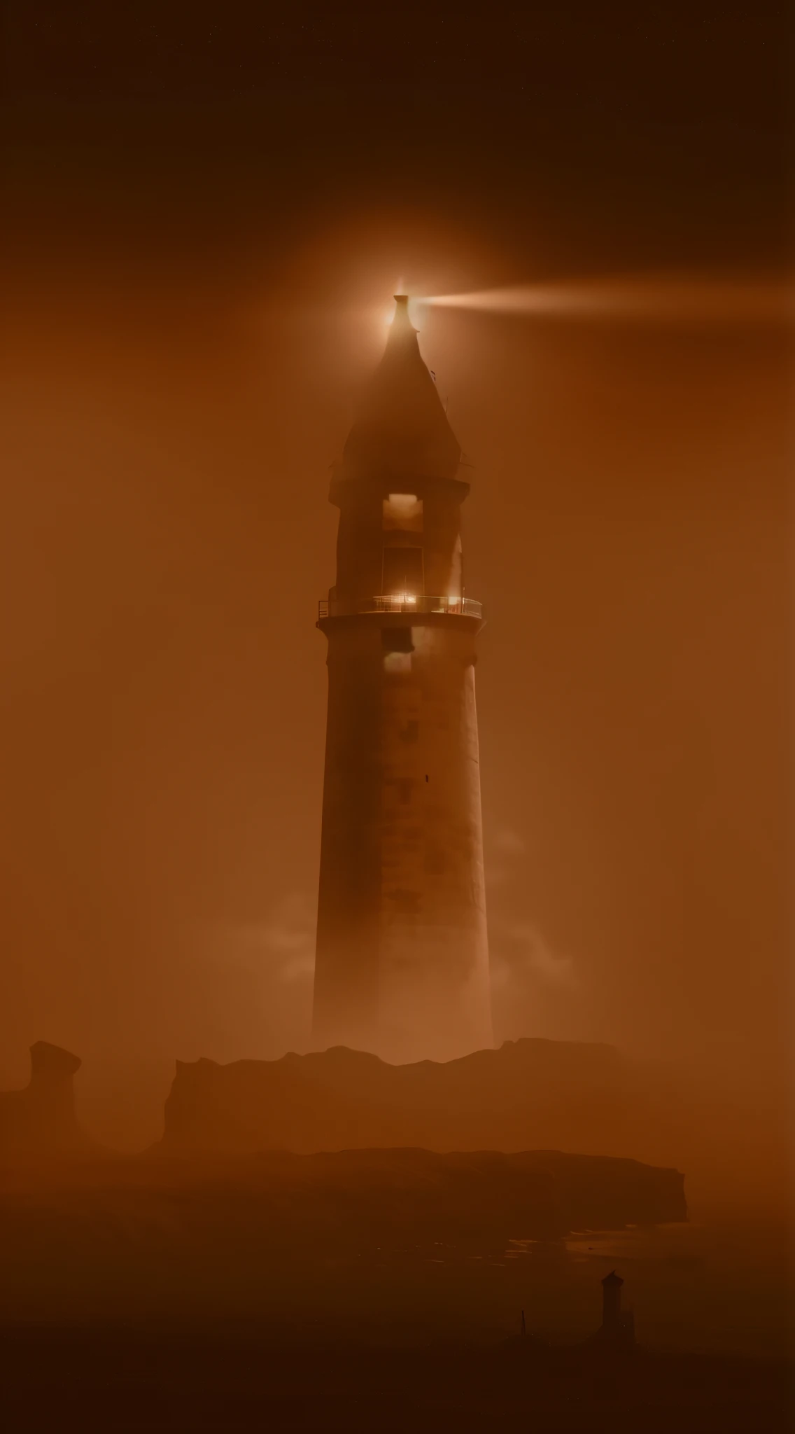 There is a lighthouse in the shape of a pen in the fog，With the lights on, Lights illuminate the road，marron marron, lit from bottom, lighthouse in the desert, lighthouse, Sepia photography, brown atmospheric lighting, video still, lighthouse, inspired by Anna Füssli, Outer, Wright, eerie spiritual grainy, journey thatgamecompany, a still of an ethereal