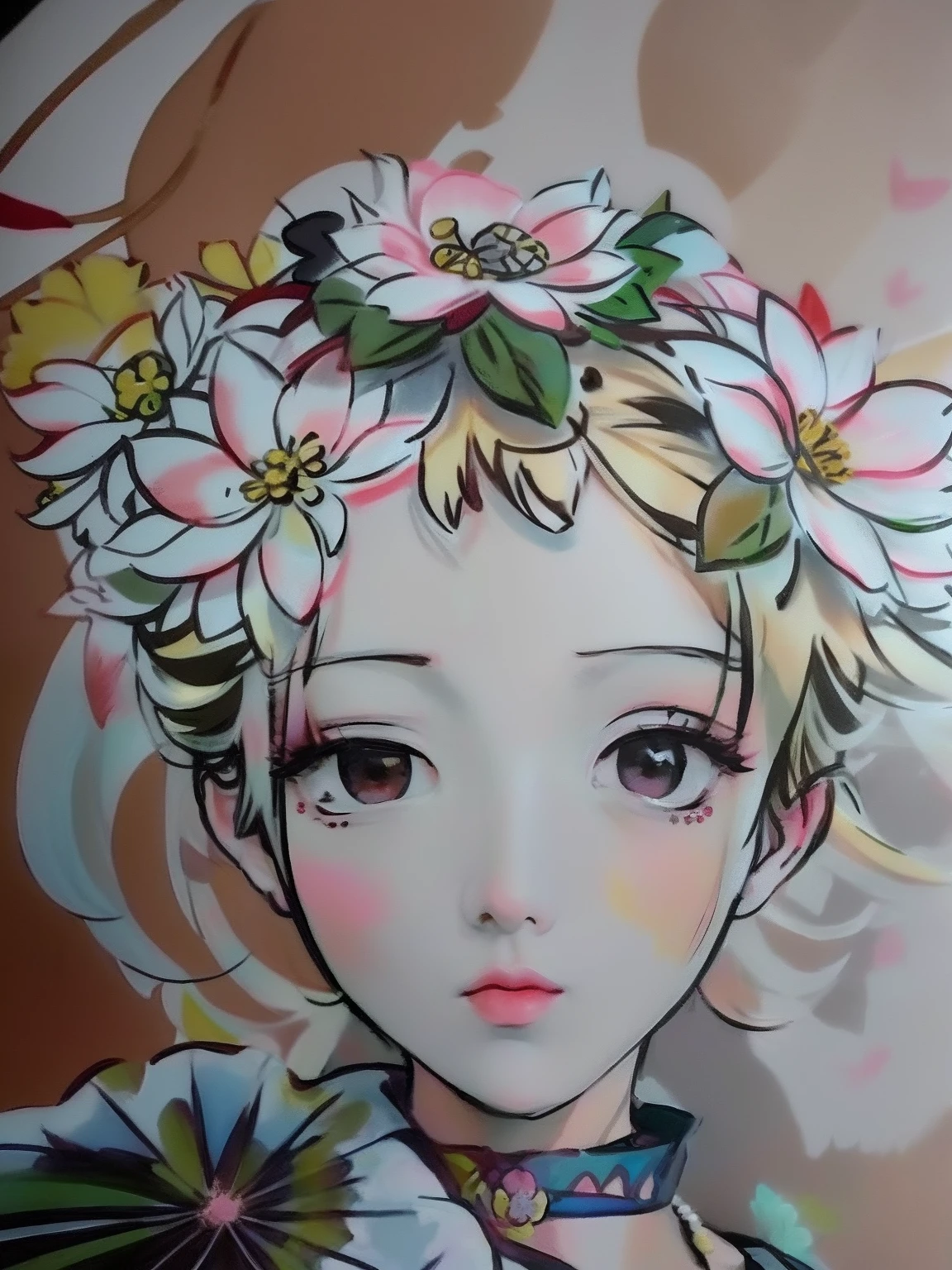 Draw a woman with flowers and a necklace in her hair, lotus floral crown girl, Inspired by Mabu Shinbe, manga painting, Anime style portrait, a beautiful anime portrait, Soft anime illustration, detailed portrait of an anime girl, author:Nanmi Morikage, Beautiful anime style, anime portrait, Beautiful anime face, Anime style artwork, japanese anime artist drawn