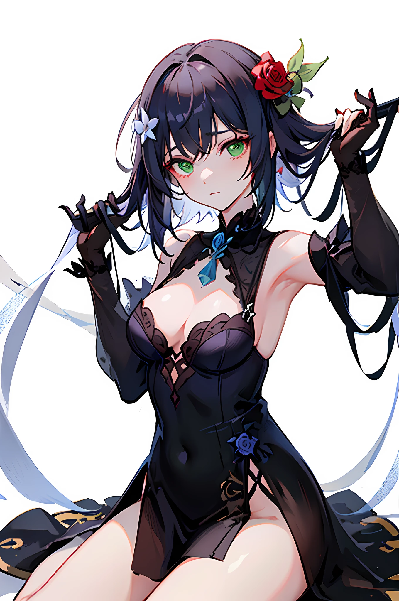 best quality,highly detailed,masterpiece,ultra-detailed,solo,1girl,(white background:1.5),(Delicate eyes),noelle_\(genshin_impact\), 1girl,(green_eyes:1.2//), breasts,short_hair, medium_breasts, rose, red_flower,(dress shirt:1.2), no panties, cleavage, red_rose, hair_ornament, hair_flower,expressionless, sitting,