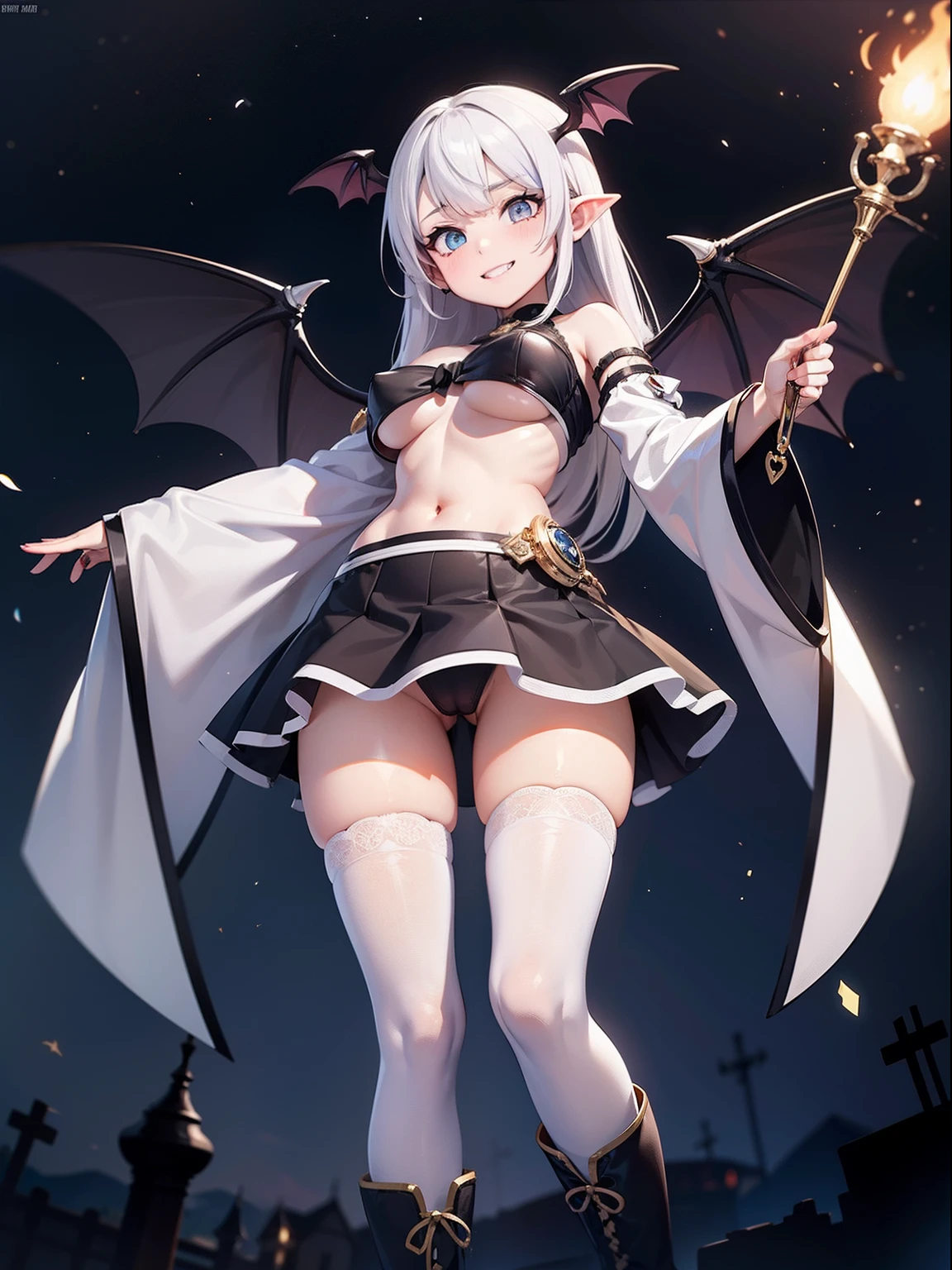 (1girl in:1.2), (Solo:1.2), masutepiece, nffsw、Shaders、Brilliant Textured Work、Ultra-detailed eyes、ultra-intricate pupil in eyes、top-quality、White hair、Evil Fall、Adults、Mature、Slender body、Standing picture、magical 、long hair that grows to the shoulders、voluminous hair、Clothes only in black and white、Large ribbon、very large breast、Wide sleeves、starrysky、Wicked grin、white glove、Tiered mini skirt、Absolute area、white stockings、Magical Girl Boots、Cross pattern、Large cross pattern、Dynamic Poses、Bat Wings、mesugaki、Succubus Accessories、Succubus body、Cheeky face、Tall、Succubus tail、underboob、from below、pantie shot、skinny legs、