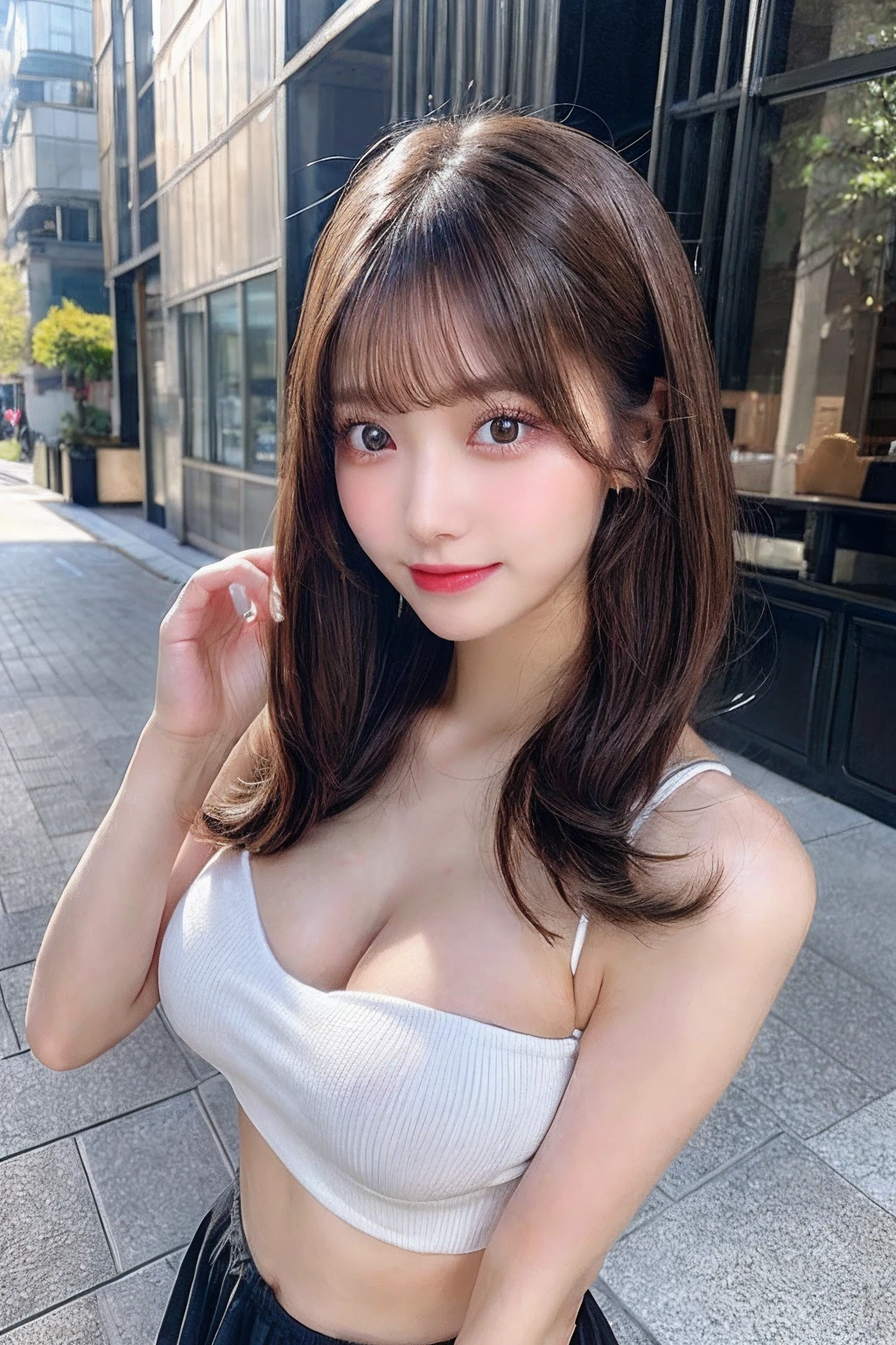 (Detailed skin:1.2),(Shiny skin:1.1),8K,Highest quality, masterpiece, Ultra-high resolution,(Realistic:1.4), RAW Photos,(Soft saturation:1.3),(Fair skin:1.2),Japanese Idols,repair,20 years, Light brown hair, (Long Hairstyles:1.2), Asymmetrical Hair, Asymmetrical bangs (Pretty face:1.4), (Big Breasts, Tight waist), Beautiful lighting, Small Head, (Micro mini dress:1.2,),Highly detailed face, Highly detailed lips, fine grain, double eyelid,(Full Body Shot), Browsing Caution, (Sharp focus: 1.2), (Perfect Anatomy、Beautiful woman with perfect figure: 1.2)、Random sexy poses,Accentuate your leg lines、Smiling