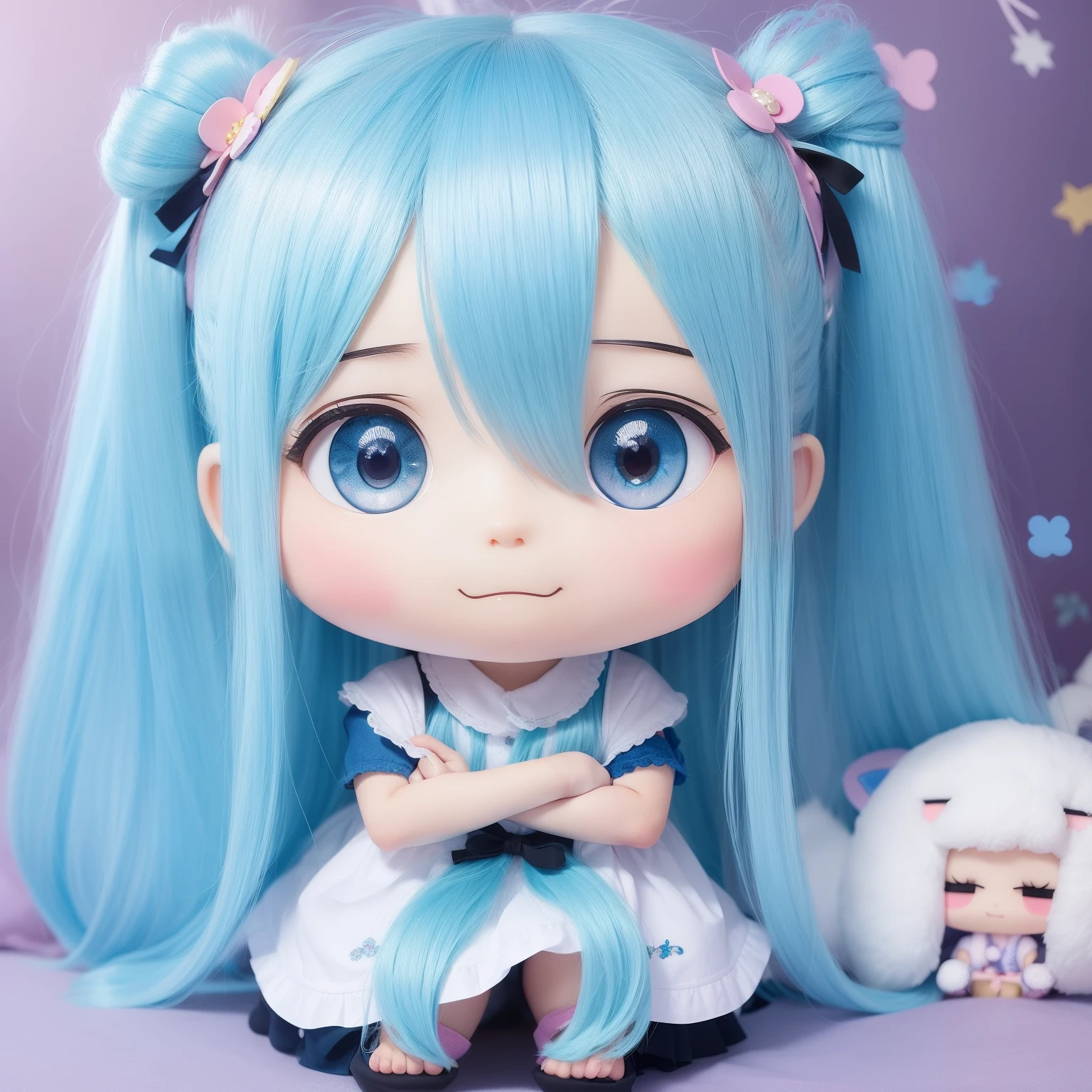 Chibichara long hair with blue hair((Chibi Chara))、Fluffy、girl with、Chibi Chara、full body Esbian、Pastel colors hair、masutepiece、top-quality、