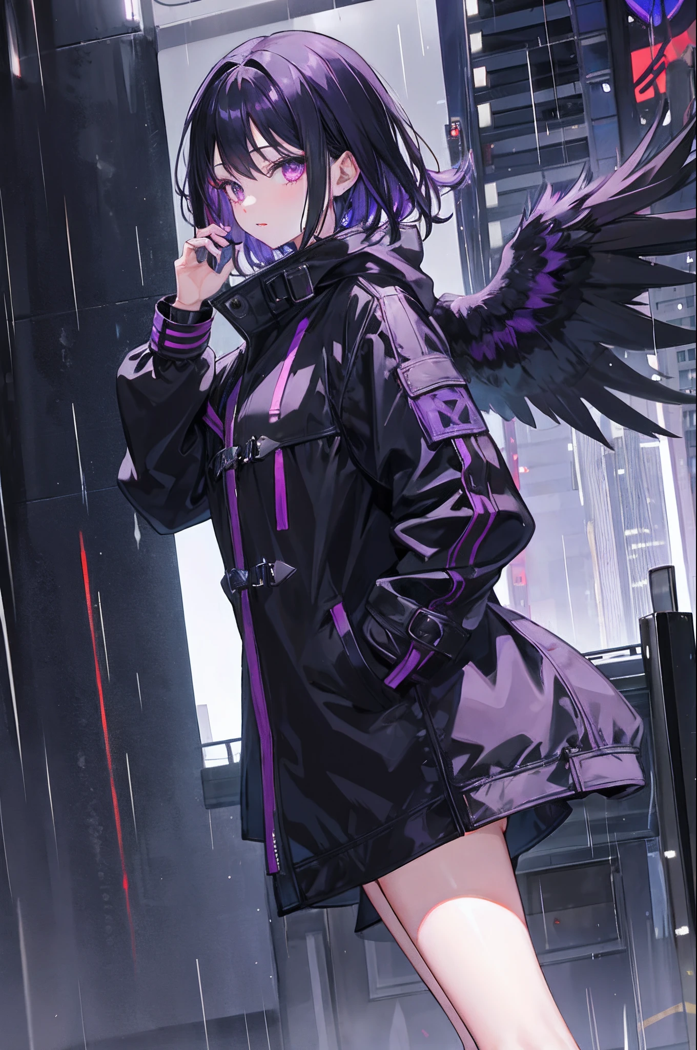 1girl, black hair, dark purple eyes, beautiful eyes, dark purple raven wings, night city,rain,coat,hands in pockets