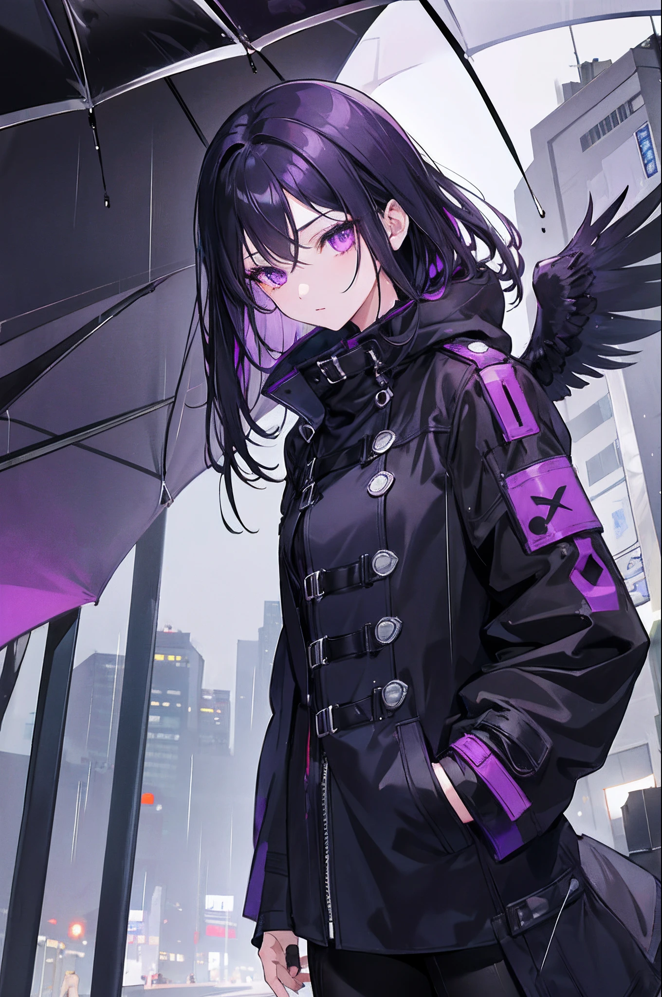 1girl, black hair, dark purple eyes, beautiful eyes, dark purple raven wings, night city,rain,coat,hands in pockets