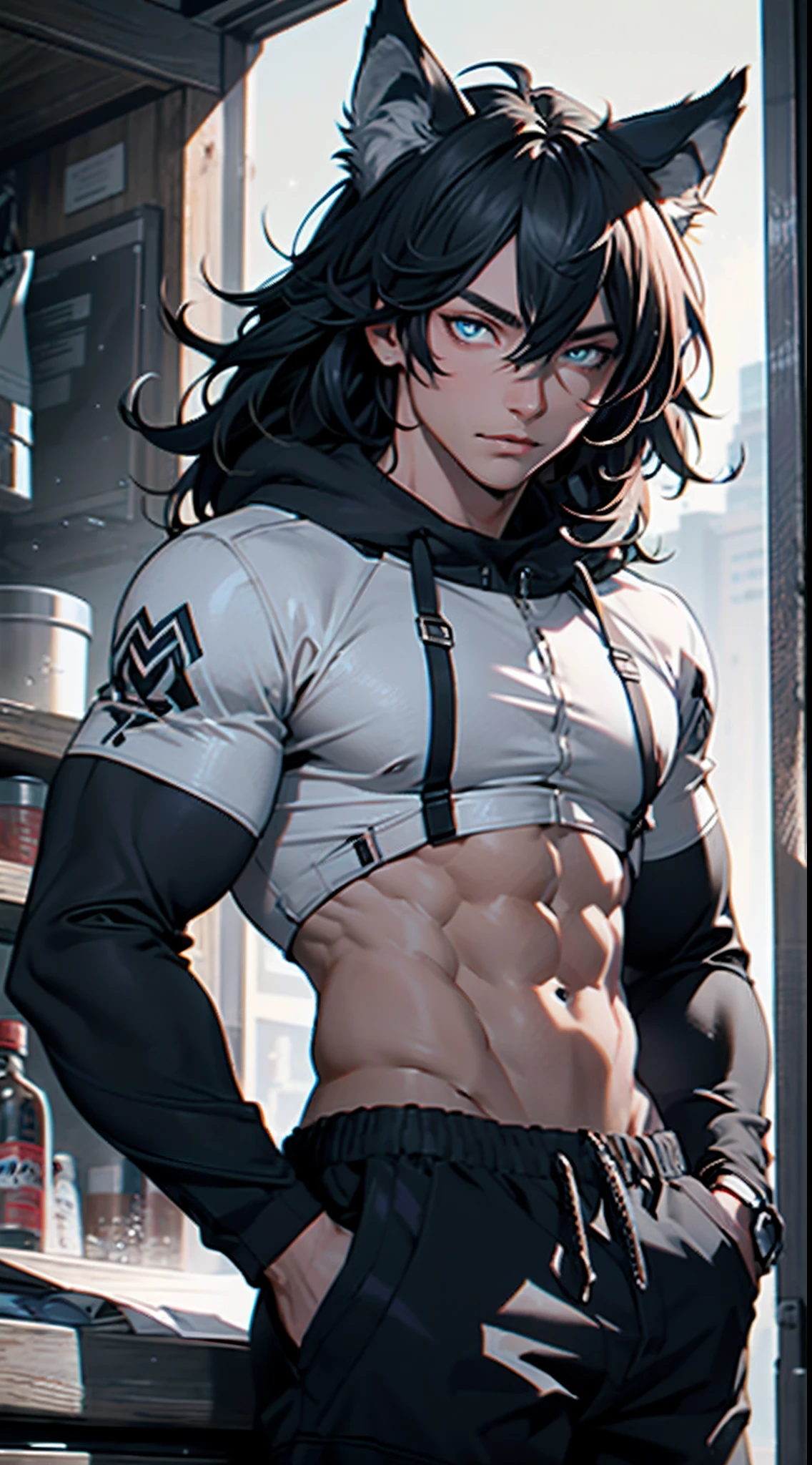 4K, high resolution, Best quality, Masterpiece, perfect colors, perfectly shaded, Perfect lighting, posted on e621, (by Chunie), Furry, anthro, Furry art, ((Portrait)), Male wolf, gray wolf, (two-toned fur), hairy bodies, Blue eyes, (Seductive look:1.2), fit body, perfect male figure, Wear men's shorts,Abs,musculature,Detailed fur, Detailed face, Perfect face, (The stands up), Detailed background, ((Bonifasko lighting)), Wolf tail, (Detailed eyes), perfect pupils
