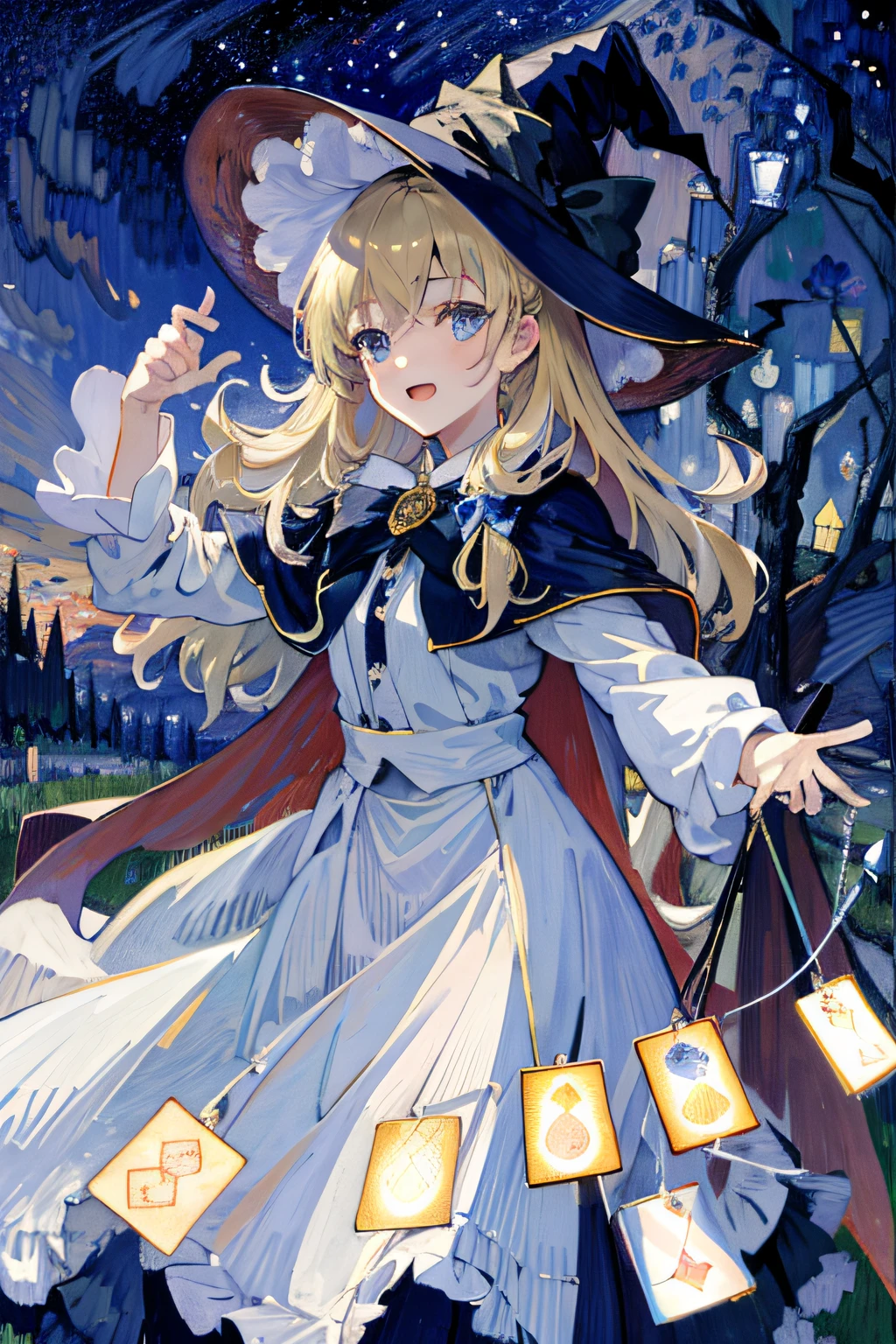 ((Masterpiece:1.2, Best quality)), 1girll, Solo, (Witch hat), Blonde hair, Long hair, dress, aurora, Night, Star (sky), mitts, sky, White dress, Night sky, Open mouth, Starry sky, Blue eyes, ribbon, Very long hair, Red dress, Smile, Hair ribbon, Cape, Blue hair, (Bird), magic, casting spell, Dark clouds, Night, (Impressionism:1.4), (tarot:1.3), Alphonse Mucha,
