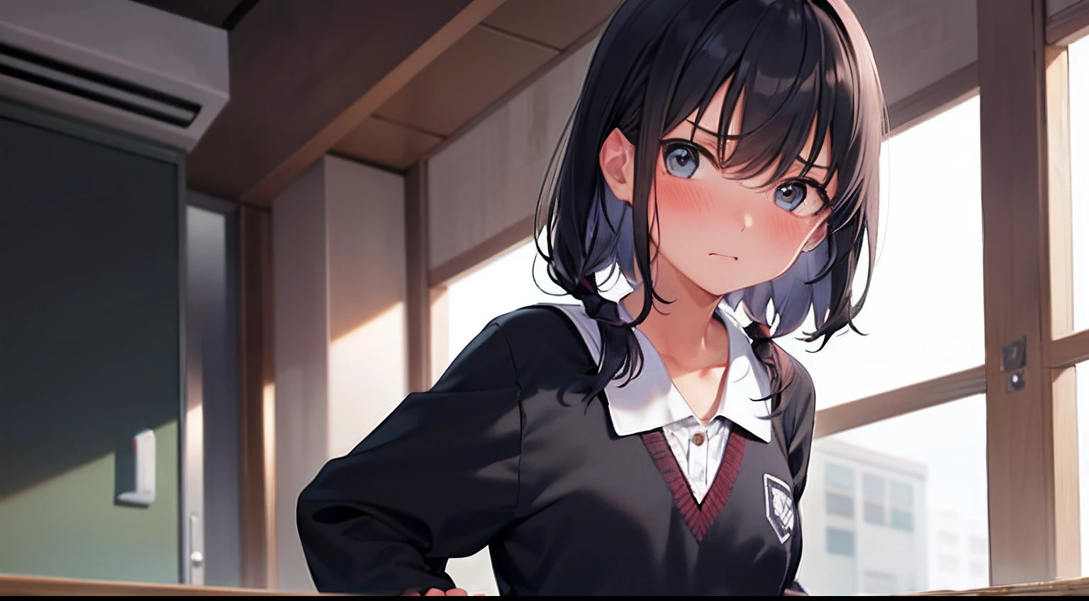 hi-school girl、校服、(((Hands folded behind your back)))、angry、angry、Schools、Look away、embarrassed from、Blushing、Keep your mouth shut