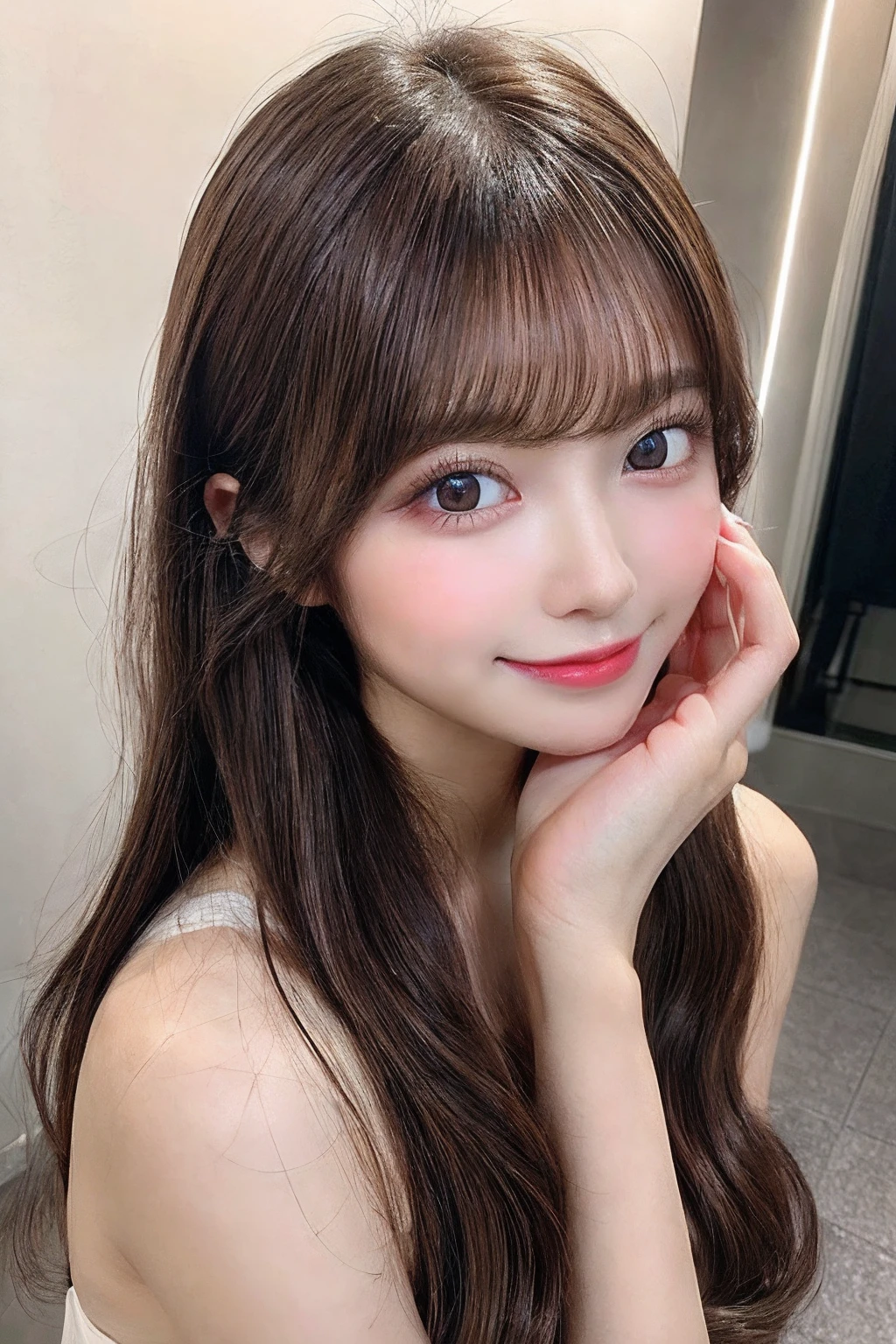 bob cuts,Many piercings,bangss,top-quality,ultra-detailliert,masterpiece,realisitic,Photo Real,Bright lighting,1 girl in, (kawaii:1.2),Thin smile, (Brown eyes),(brown haired),(bangss),perfect glossy skin,flawless skin,large full breasts,((accurate hands without incongruity)), large full breasts,big breasts thin waist, Look at viewers,full body Esbian,Idol Costumes,Eye lashes,dual, girl,a baby face,Stir,A dark-haired,