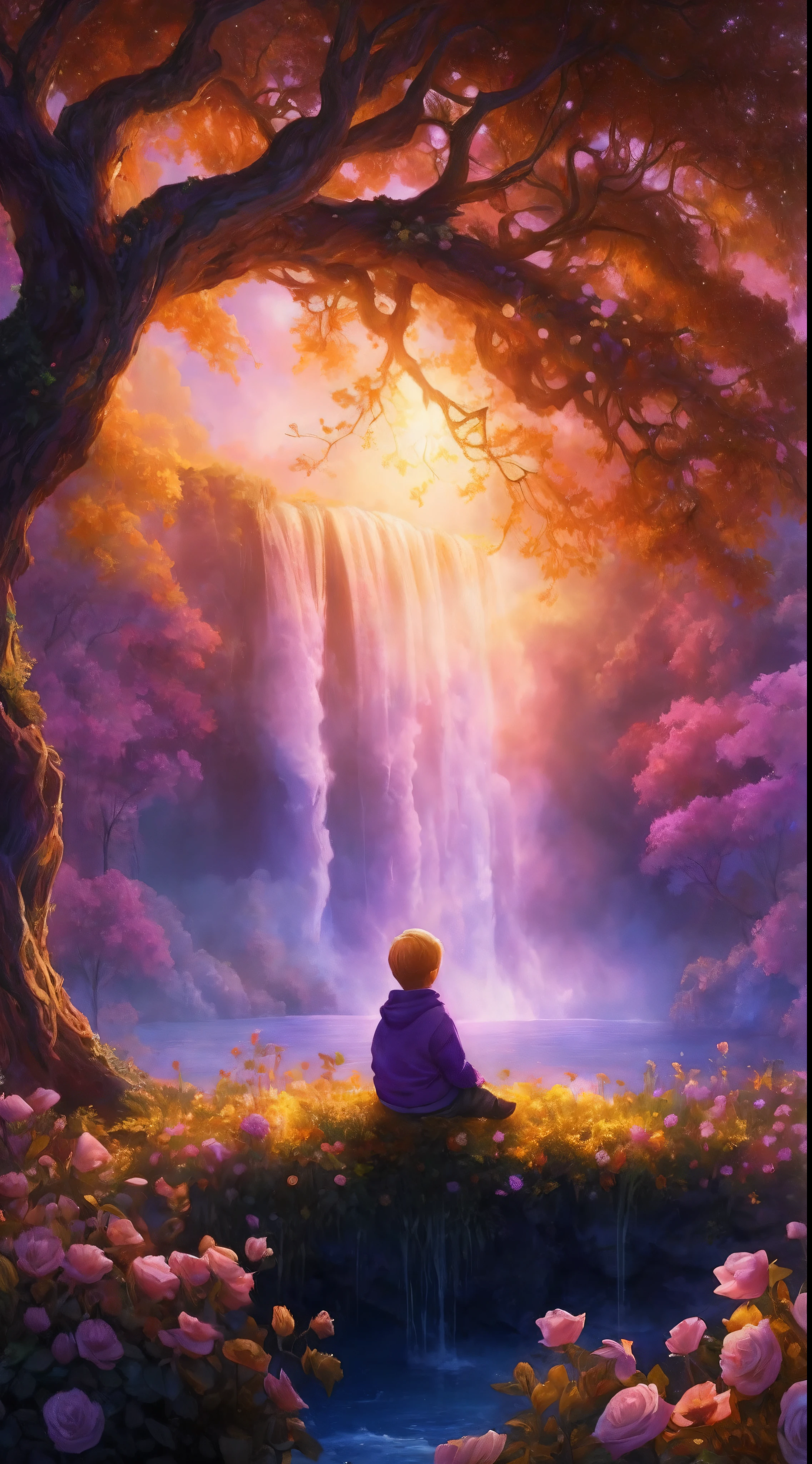 expansive landscape photograph, (a view from below that shows sky above and open field below), a little 9 years old blond boy with long sweatshirt and yellow scarf sitting on a trunk on yellow roses flower garden looking up, ( comet:0.9), (nebula:1.3), distant lake, tree of life, BREAK production art, (warm light source:1.3), lamp, lot of purple and orange, intricate details, volumetric lighting, realism BREAK (masterpiece:1.2), (best quality), 4k, ultra-detailed, (dynamic composition:1.4), highly detailed, colorful details, ( iridescent colors:1.2), (glowing lighting, atmospheric lighting), dreamy, magical, (solo:1.2), magical beautiful waterfall, windy