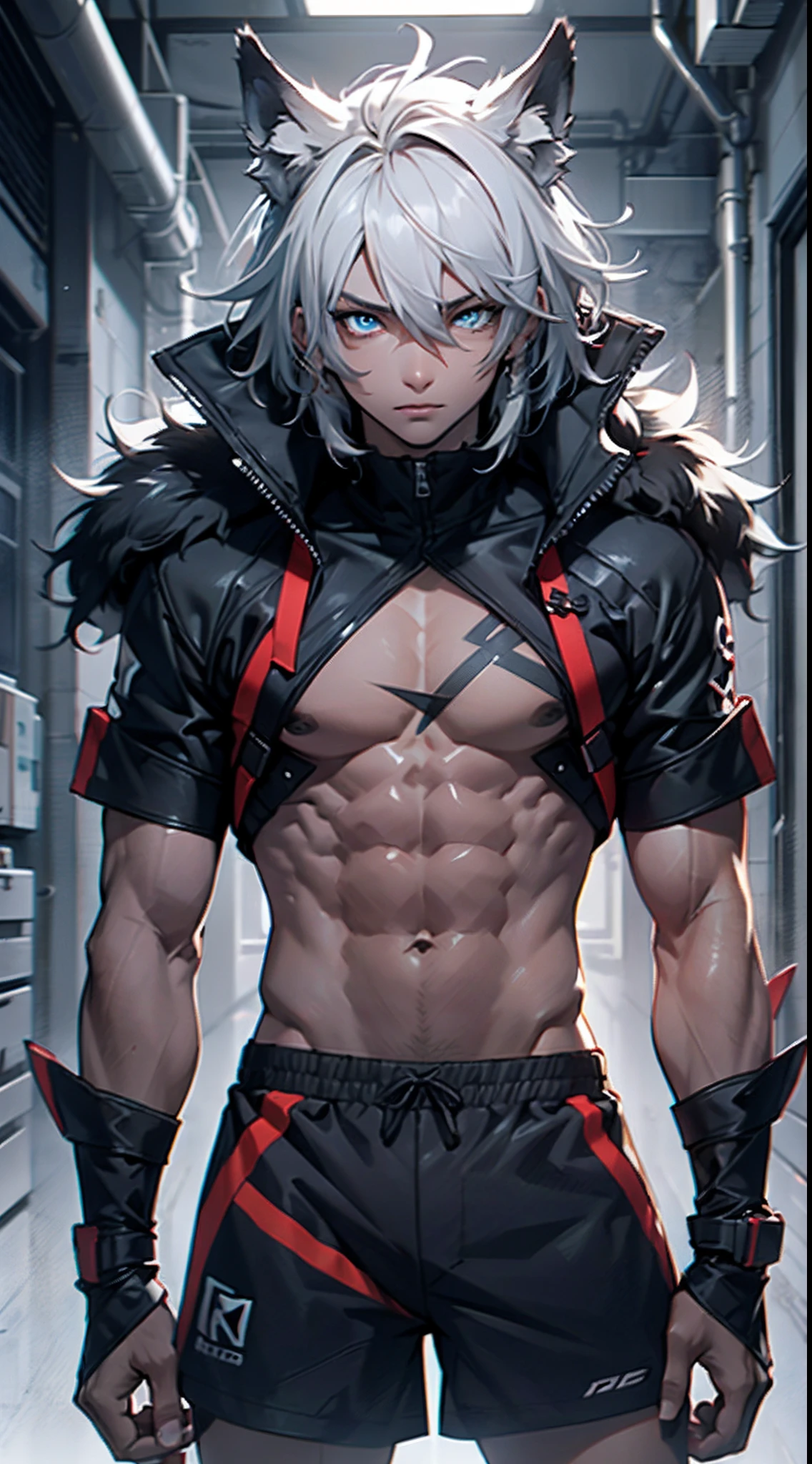 4K, high resolution, Best quality, Masterpiece, perfect colors, perfectly shaded, Perfect lighting, posted on e621, (by Chunie), Furry, anthro, Furry art, ((Portrait)), Male wolf, gray wolf, (two-toned fur), hairy bodies, Blue eyes, (Seductive look:1.2), fit body, perfect male figure, Wear men's shorts,Abs，musculature,Detailed fur, Detailed face, Perfect face, (The stands up), Detailed background, ((Bonifasko lighting)), Wolf tail, (Detailed eyes), perfect pupils