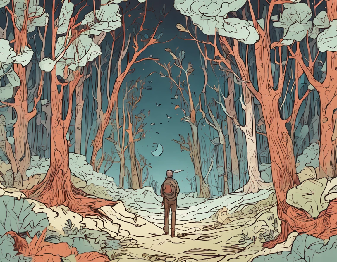 A mystical journey through an ancient forest, where a young character meets a wise old man and learns valuable life lessons. illuminator, Transformative & Magical, charming, ethereal. Life after death. mysterious, Spiritual and touching. create an atmosphere of mystery and spiritual depth. deep, Thought-provoking and philosophical, Valuable Life Lessons Learned