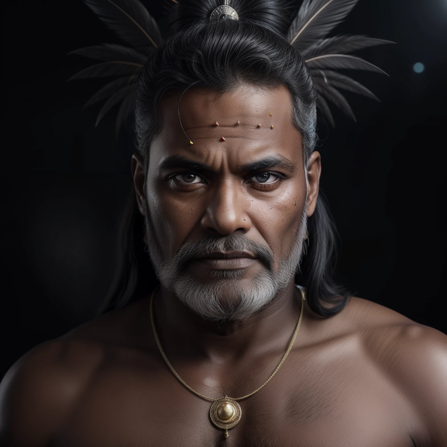 sparks, glossy, dust particles , 3D look, sunshine, feathers, HD, flowers,Glowing hair, glossy eyes,((ultra realistic:1.8)),((Best quality)), ((Masterpiece)),((Detailed)),RAW, (Upper body:1.3),"A person resembling an Indian bhagat, tribal priest, babaji, monk, adivasi with a beard, adivasi, aboriginal, he looks like mixers of australoid and negro race, indian aboriginal, indian, he has captured in a medium shot."