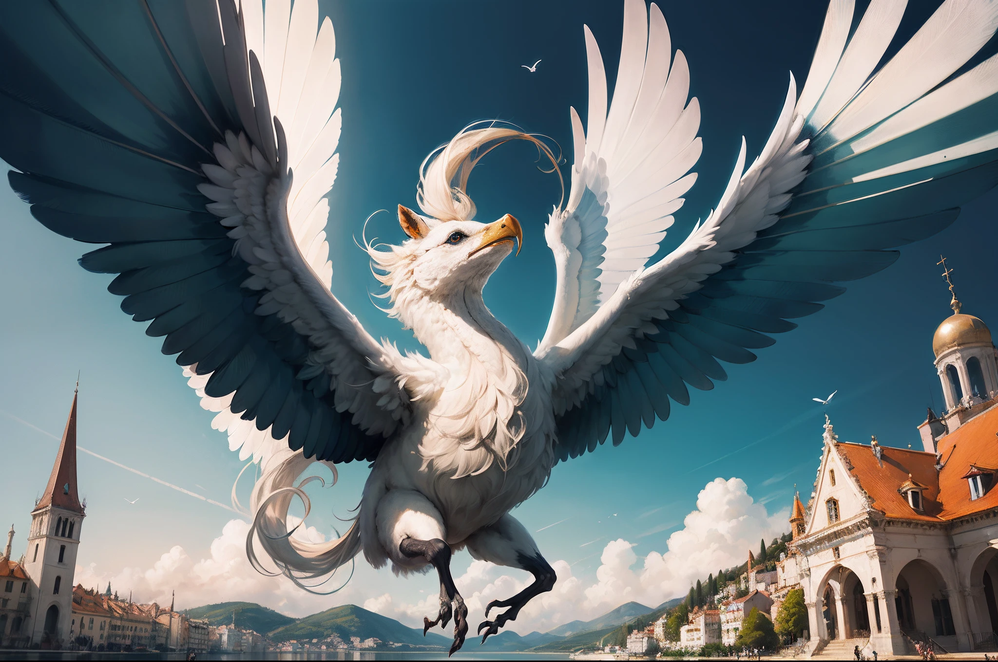In the floating city of Aerion, where winged creatures dance in the wind, create an uplifting and unearthly composition, embodying the freedom and spaciousness of heaven, a closeup of a