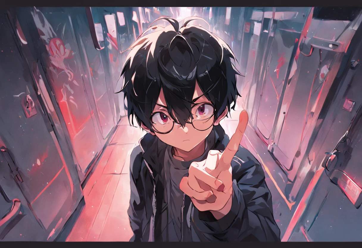 generate an image of a teenager boy with black hair and wearing an eyeglass showing his middle finger, in a school corridor, 4k,full body, illustration.