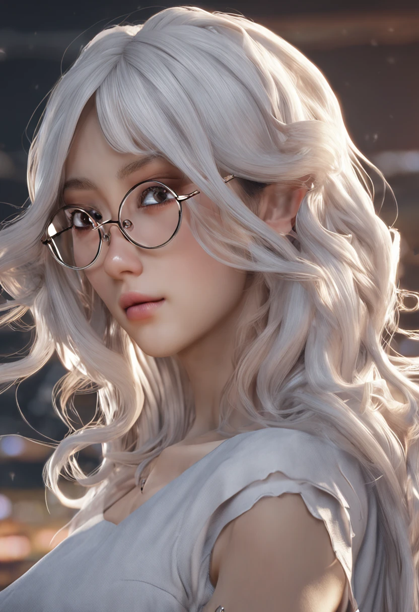 ulzang-6500-v1.1,(RAW photo:1.2), (Photorealistic:1.4), Beautiful detailed girl, Very detailed eyes and face, Beautiful detailed eyes, ridiculous, Incredibly Ridiculous res, hugefilesize, Super detailed, high resolution, Very detailed, Best quality, Masterpiece, ((T-shirt)), illustration, Very detailed, CG, unified, 8K wallpaper, Amazing, Fine details, Masterpiece, Best quality, Very detailed CG unified 8k wallpaper, Face light, Movie lighting, 1girll, 16 years old, Long white hair, side split, (Big breasts), ()), (With glasses), (Dynamic pose), (Sexy pose), ((camel-toe))), (Half), ((Pantyhose)), ((Black hip skirt)), (knee bend)))))