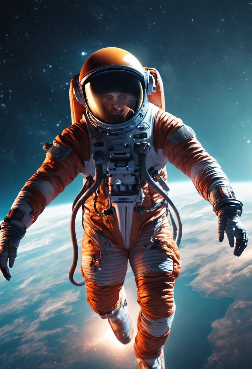 An adventurous man character wearing an advanced space exploration suit, explorando planetas desconhecidos, realista, nave espacial