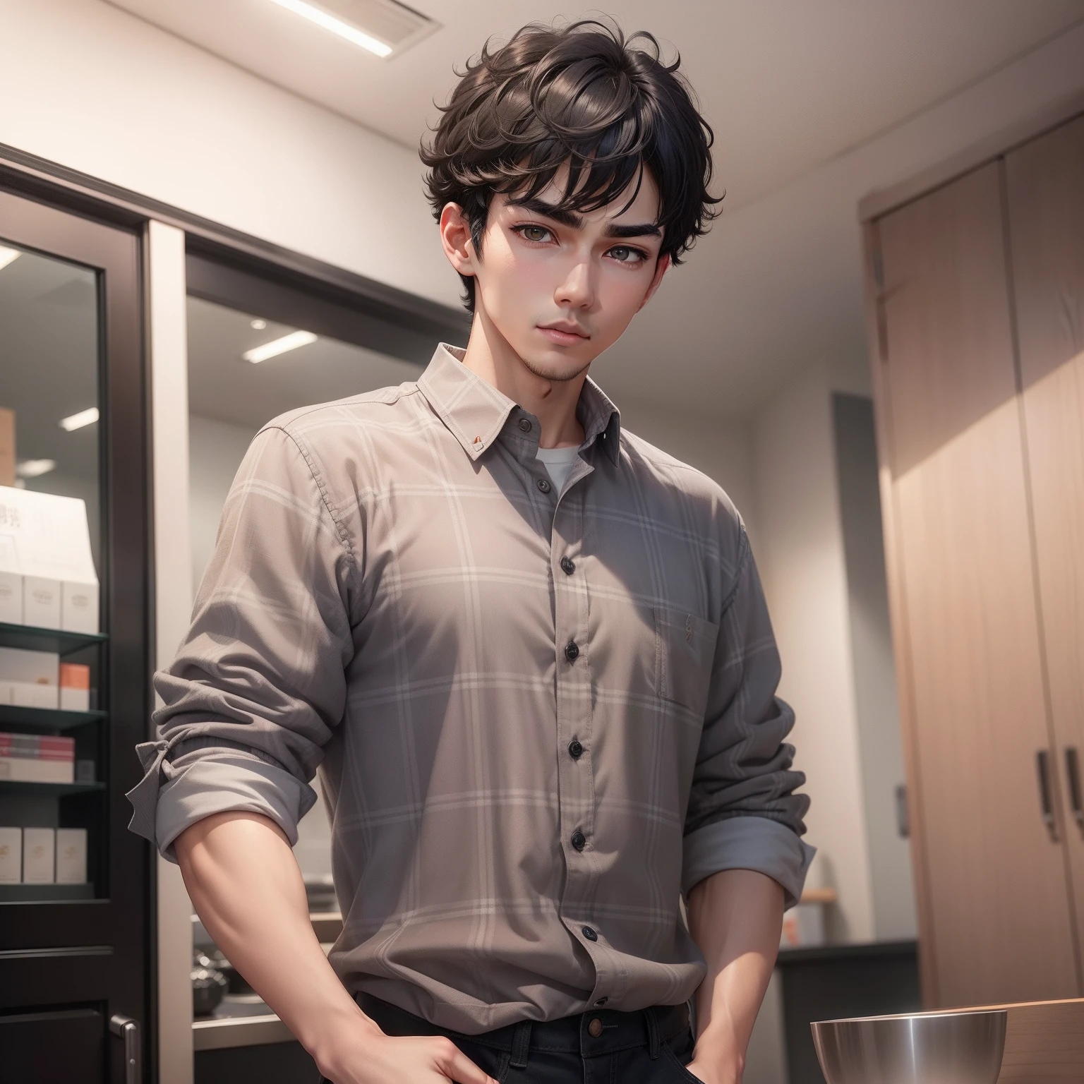 One guy、grey eyes、A dark-haired、short bangs、Undercut、Upbank、fluffly、short curly hair、male-centered、Lowered eyebrows、large lips、Grey plaid shirt、Plaid、Tight-fitting clothing、Clean hands、A slender、年轻、simple background