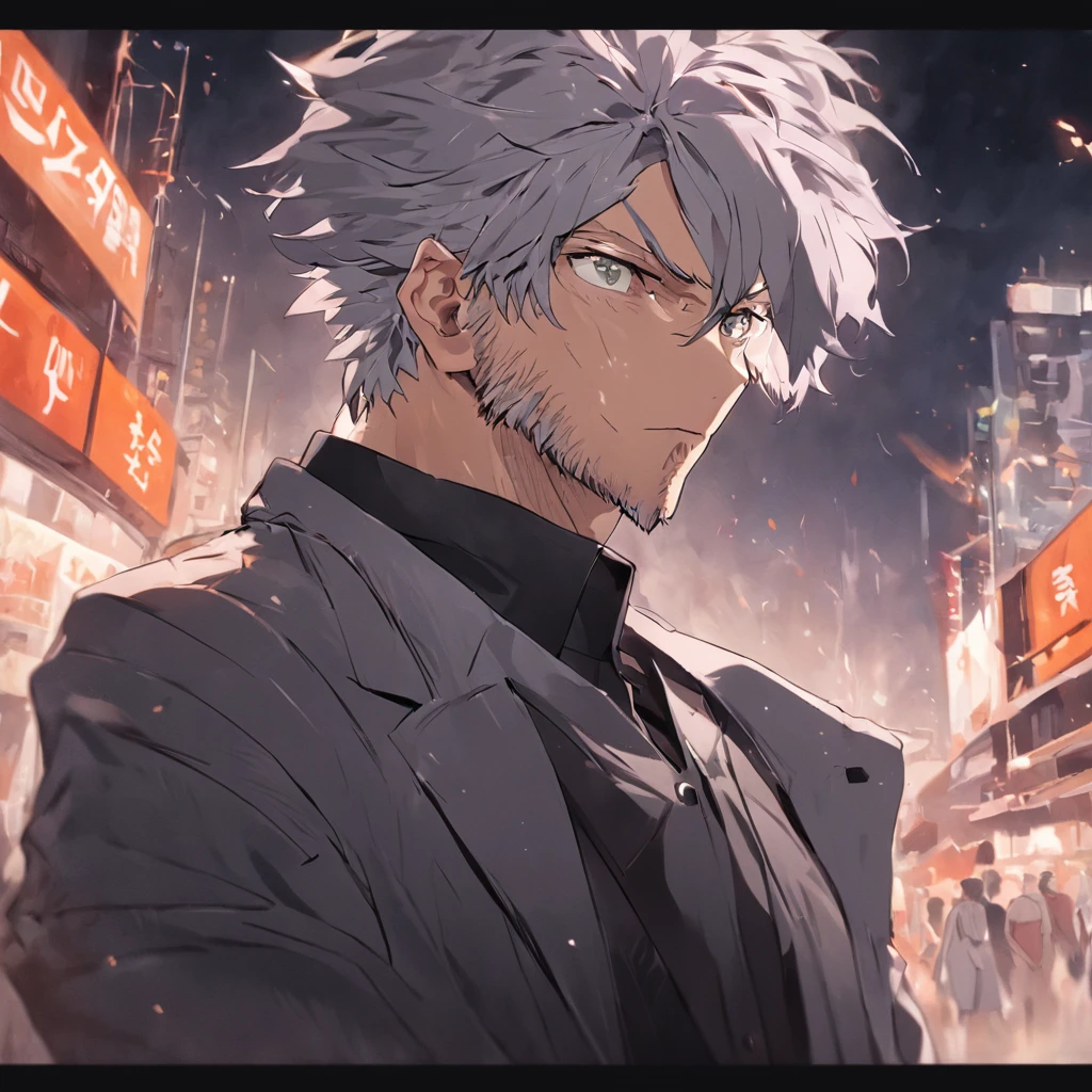4K, hairy chest, ,middle aged man,Big back,Black and white hair,stubbles,wind coat,Business suit,hoary,wrinkles,Exaggerated expressions,two tone color hair,eye glass, Detailed face, Perfect face, Detailed background, On the street,Real street background,The contour is sharp