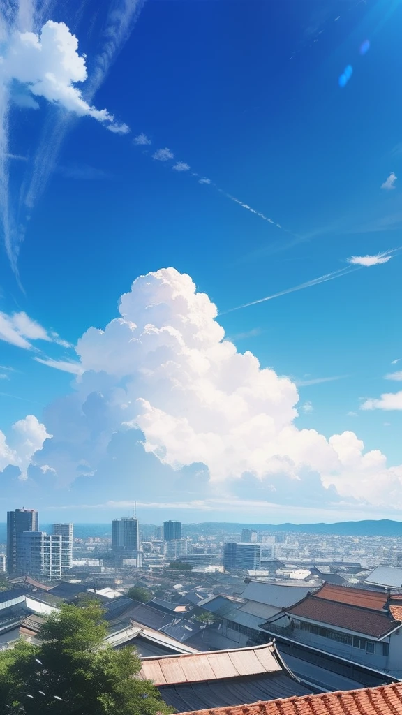 Skysky,Blue skies,Bright colors,Sunnyday,The sky shimmers with light,Anime movie footage,Far and medium view,visto ao longe,Shinkai sincerely,(In a Japanese anime style:1.2),16k,Best quality at best,hyper-high detail,超高分辨率。
