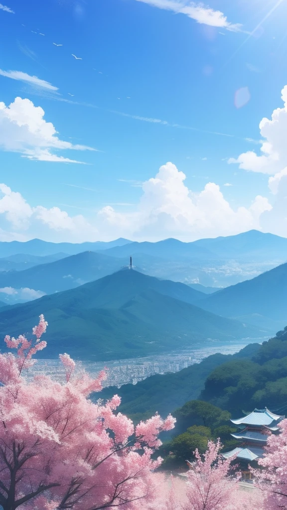 Skysky，Blue skies，Bright colors，Sunnyday，The sky shimmers with light，Anime movie footage，Far and medium view，visto ao longe，Shinkai sincerely，（In a Japanese anime style：1.2），16k，Best quality at best，hyper-high detail，超高分辨率。