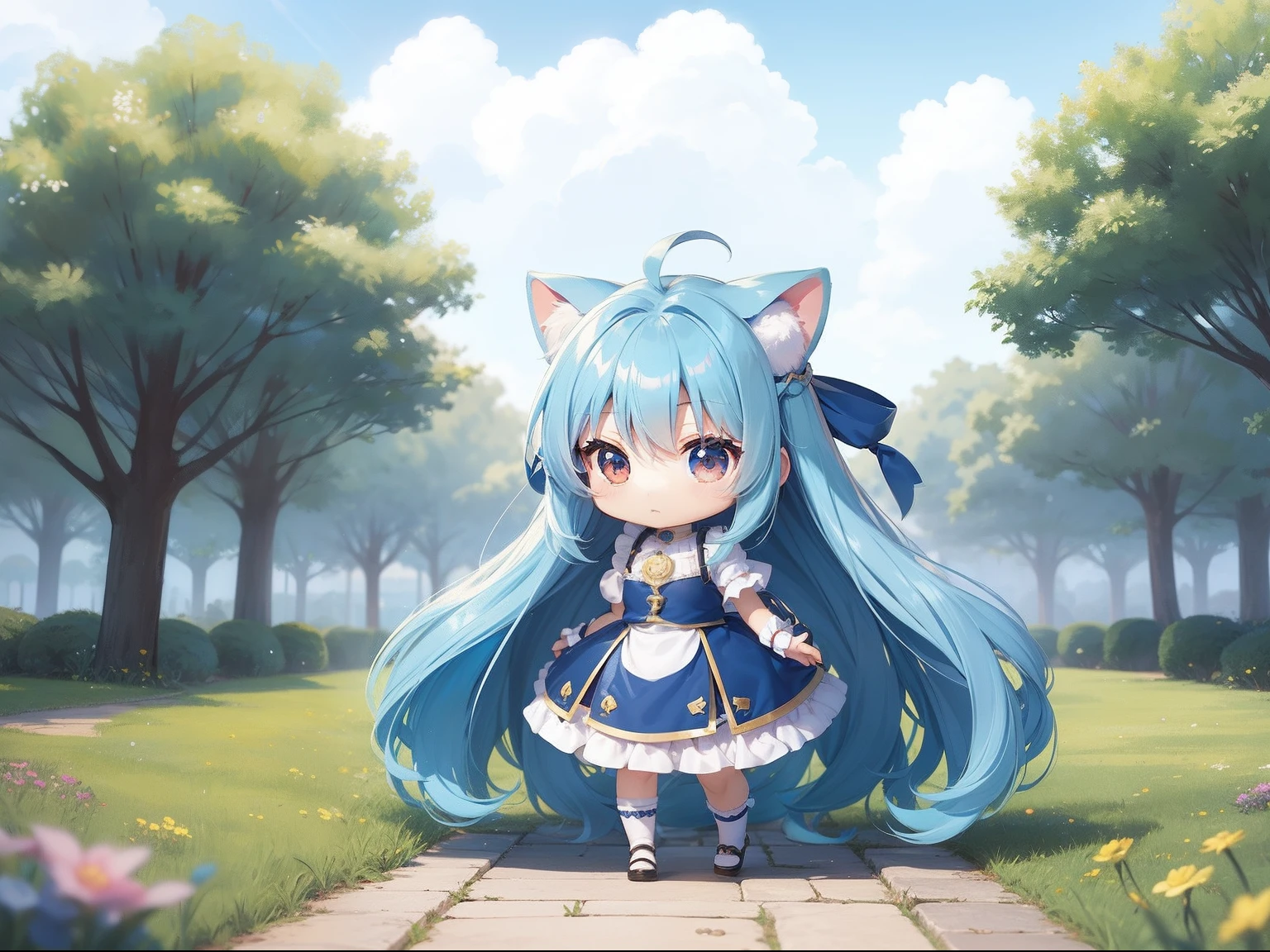 Chibichara long hair with blue hair((Chibi Chara))、Fluffy、girl with、Chibi Chara、full body Esbian、Pastel colors hair、masutepiece、top-quality、