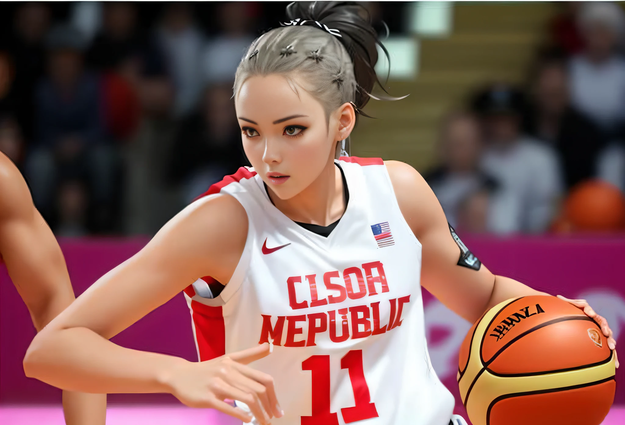 There is a teenage girl posing for a shoot,Basketball in one hand, There is no basketball in the other hand,basketball player,Wear a basketball shirt,slender figures,with white hair in a braided ponytail,On the gymnasium basketball court,photo from the olympic games,Best anime 4k konachan wallpaper, Detal Face, full bodyesbian, Guweiz on ArtStation Pixiv, Realistic anime 3 D style, Badass anime 8 K, Guweiz in Pixiv ArtStation, trending on artstation pixiv, Guviz-style artwork, style of anime4 K