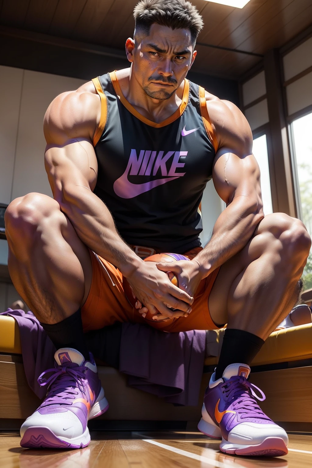 45-year-old middle-aged male coach，Man，grampa，Height 195，chineseidol，sitting in the couch，God perspective，The eyes are about to face each other，Chinese men，musculature，Lift one foot，Wear a sports vest，sweat shorts，The number 12 is written on the clothes，Fluorescent orange and purple Nike high-leg basketball shoes，Cord，Chains，Ferocious and ferocious，The background is outdoors，Hold your hands on your knees