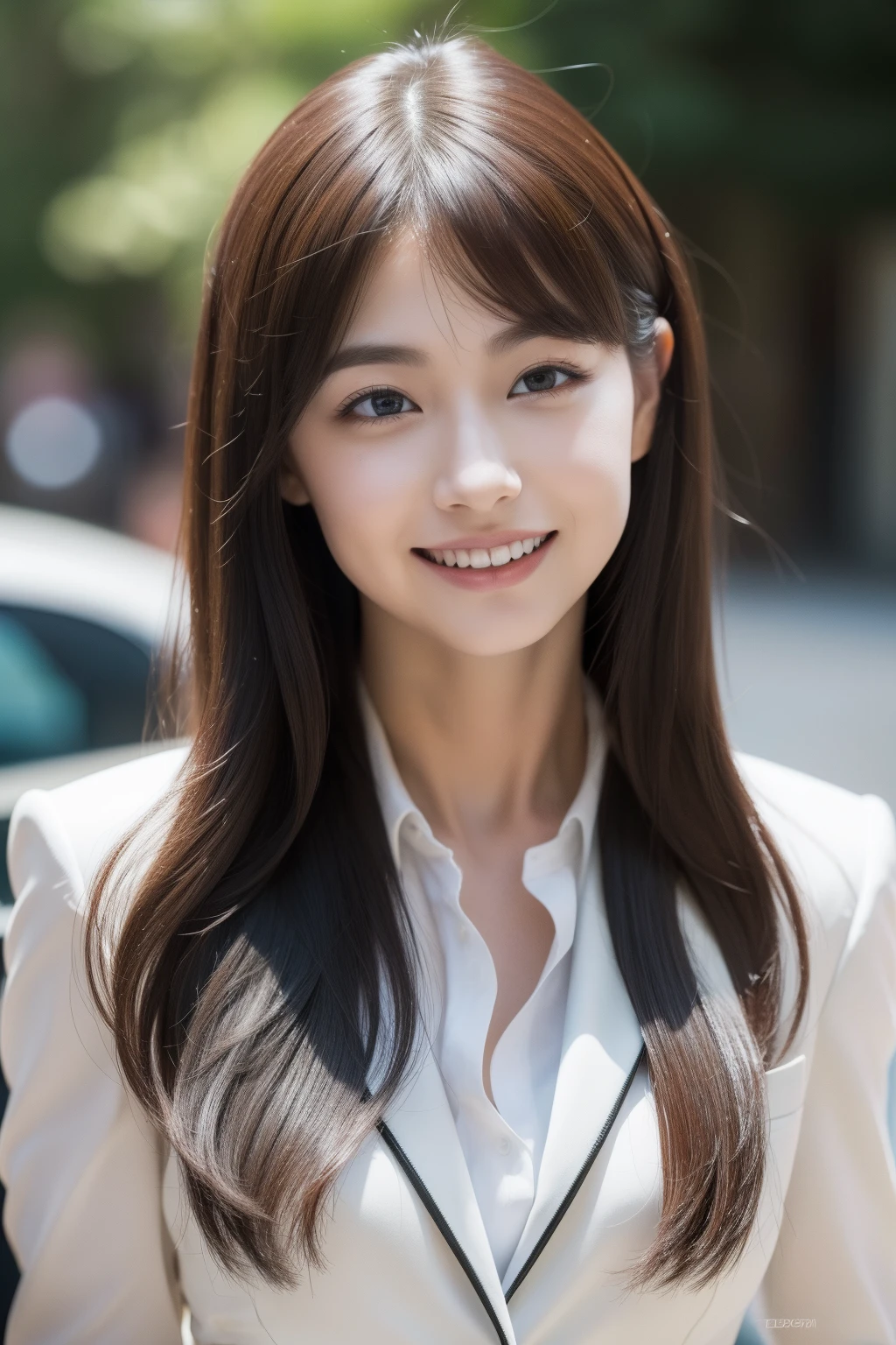 (realistic, photo-realistic:1.37),(8k, RAW photo, best quality, masterpiece:1.2), cute, ultra-detailed,heart-shaped pupils,physically-based rendering, ultra high res, kodakvision color, shot on Arricam LT Camera, bokeh, sharp focus, looking at viewer,photorealistic,realistic, solo, photorealistic, best quality,extremely detailed face,extremely detailed eyes and face, beautiful detailed eyes,absurdres, incredibly absurdres,haunting smile,Messy hair, floating hair, ,white Business suit,bound waist,
