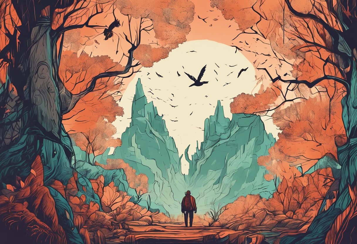 A mystical journey through an ancient forest, where a young character meets a wise old man and learns valuable life lessons. illuminator, Transformative & Magical, charming, ethereal. Life after death. mysterious, Spiritual and touching. create an atmosphere of mystery and spiritual depth. deep, Thought-provoking and philosophical, Valuable Life Lessons Learned