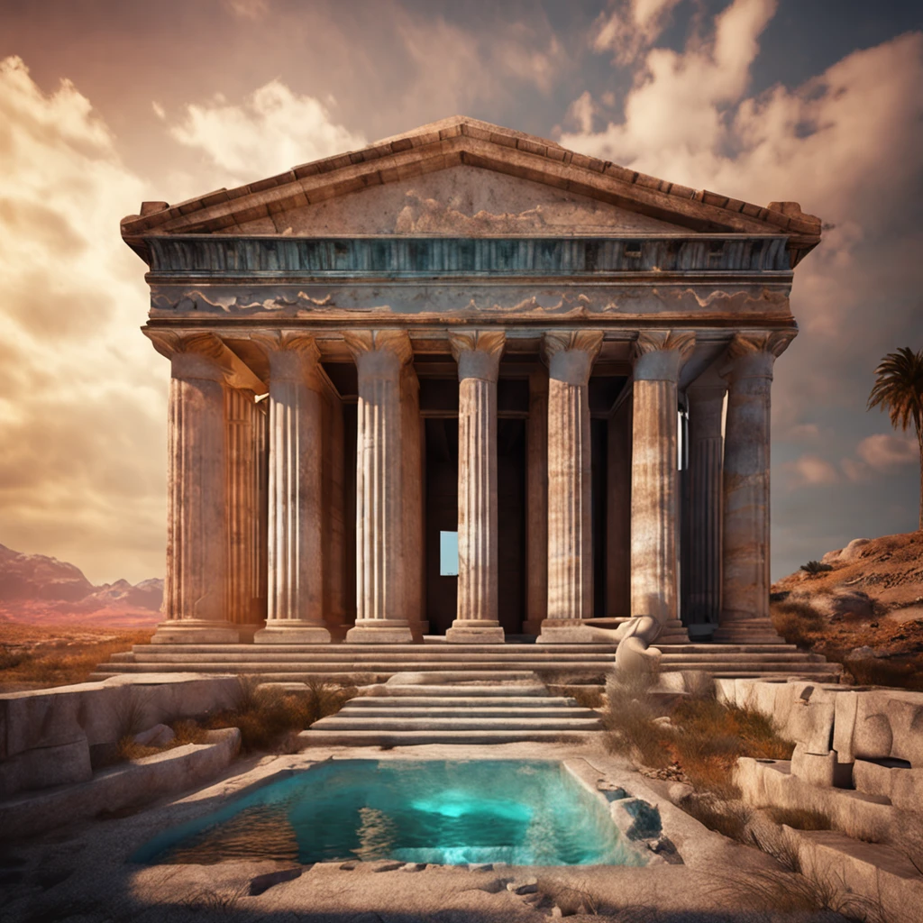 Best quality, Masterpiece, (photograph realistic:1.4), surrealism, Dream-like,fusionart, A Majestic Greek Temple,