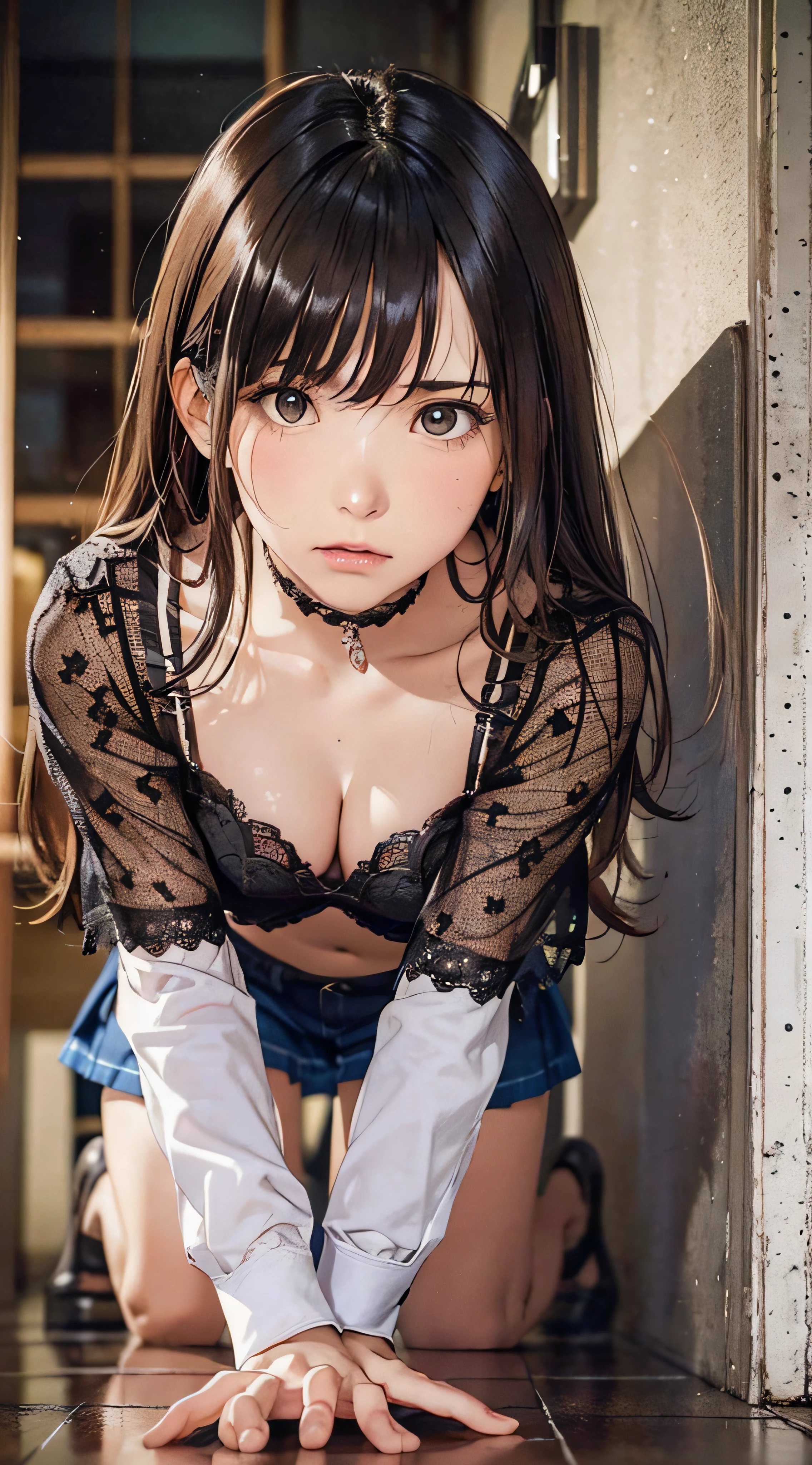 (1girl:1.3), cinematic light, (masterpiece, top quality, best quality, official art, beautiful and aesthetic:1.3), extreme detailed,highest detailed,(ultra-detailed),((an extremely delicate and beautiful)), ((Crouch down on dark night on the floor of the apartment)), from above, rainy, solo, breasts, silky long hair, (brown hair), Casual clothes, pink Lace inner, open breast, 26 years old, unsteady gaze, torn clothes, anxious, embarrassed, (looking up:1.4)