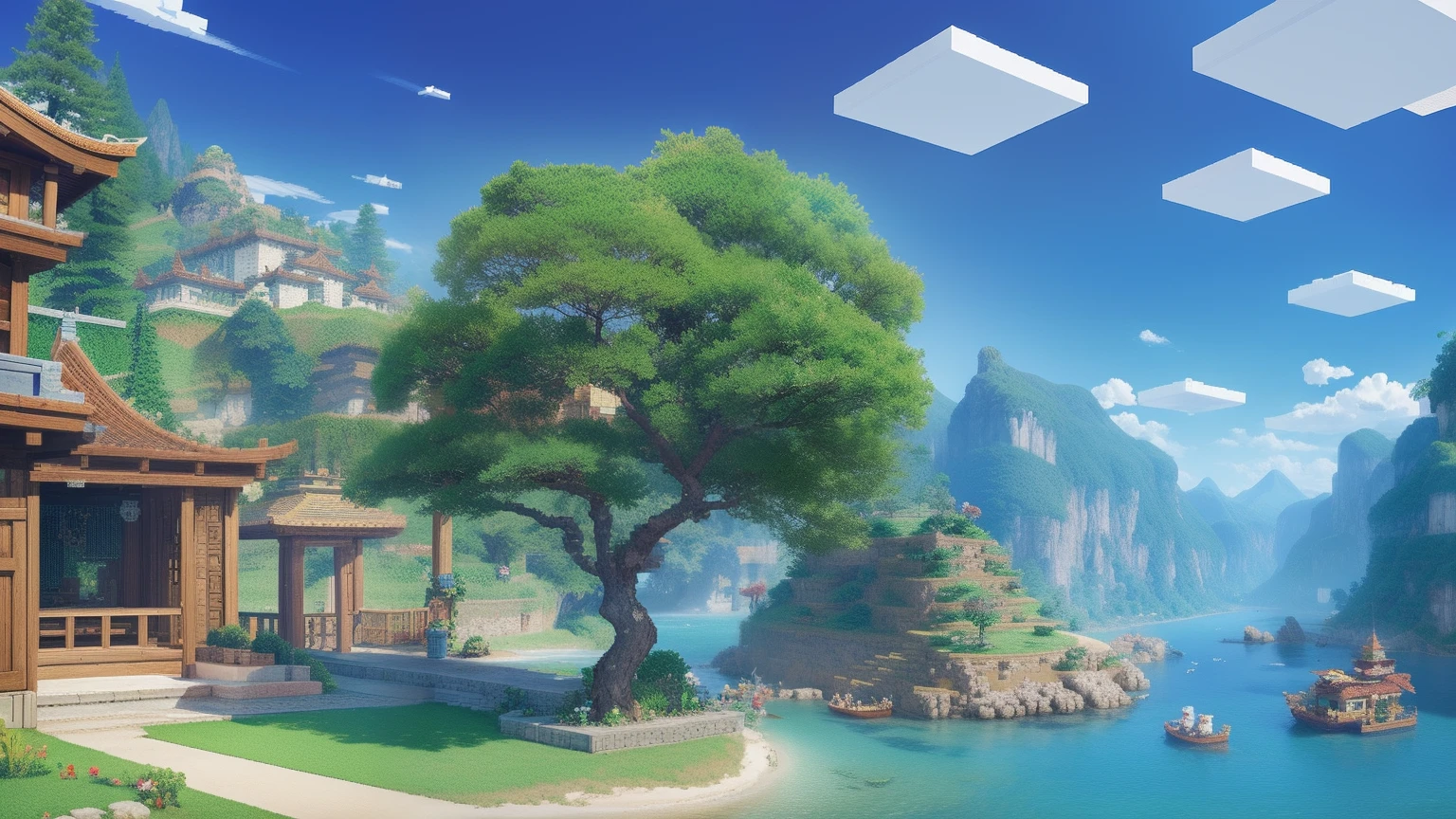鸟山明风格，Flat pixel games《dragon quest》，Game scene design，（a paradise：1.4），16-bit pixels