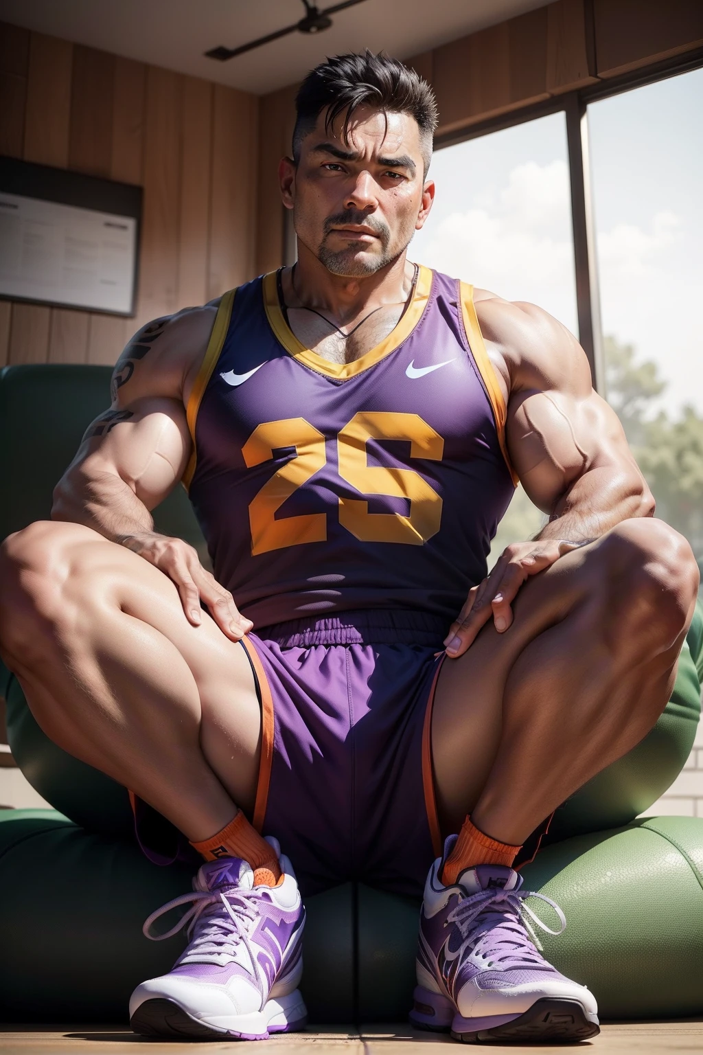 45-year-old middle-aged male coach,Man,grampa,Height 195,chineseidol,sitting in the couch,God perspective,The eyes are about to face each other,Chinese men,musculature,Lift one foot,Wear a sports vest,sweat shorts,The number 12 is written on the clothes,Fluorescent orange and purple Nike high-leg basketball shoes,Cord,Chains,Ferocious and ferocious,The background is outdoors,Hold your hands on your knees