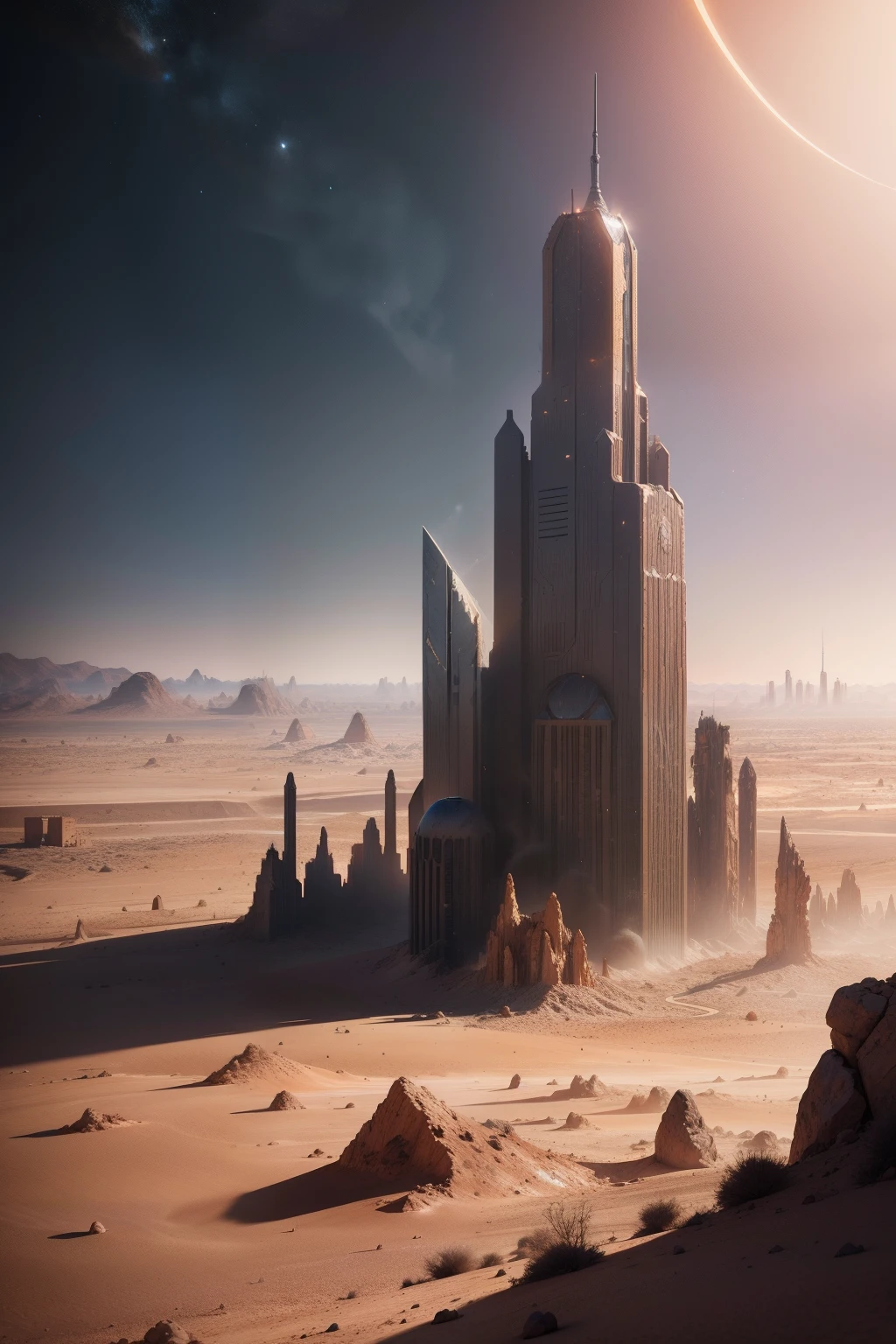 Meteorite fall,Half city, half desert,buliding,A desert,run-down,Wasteland,Eschatological,smoke of gunpowder,Cinematic texture,ultraclear,8k,Lots of detail,Light and shadow rendering,Background with