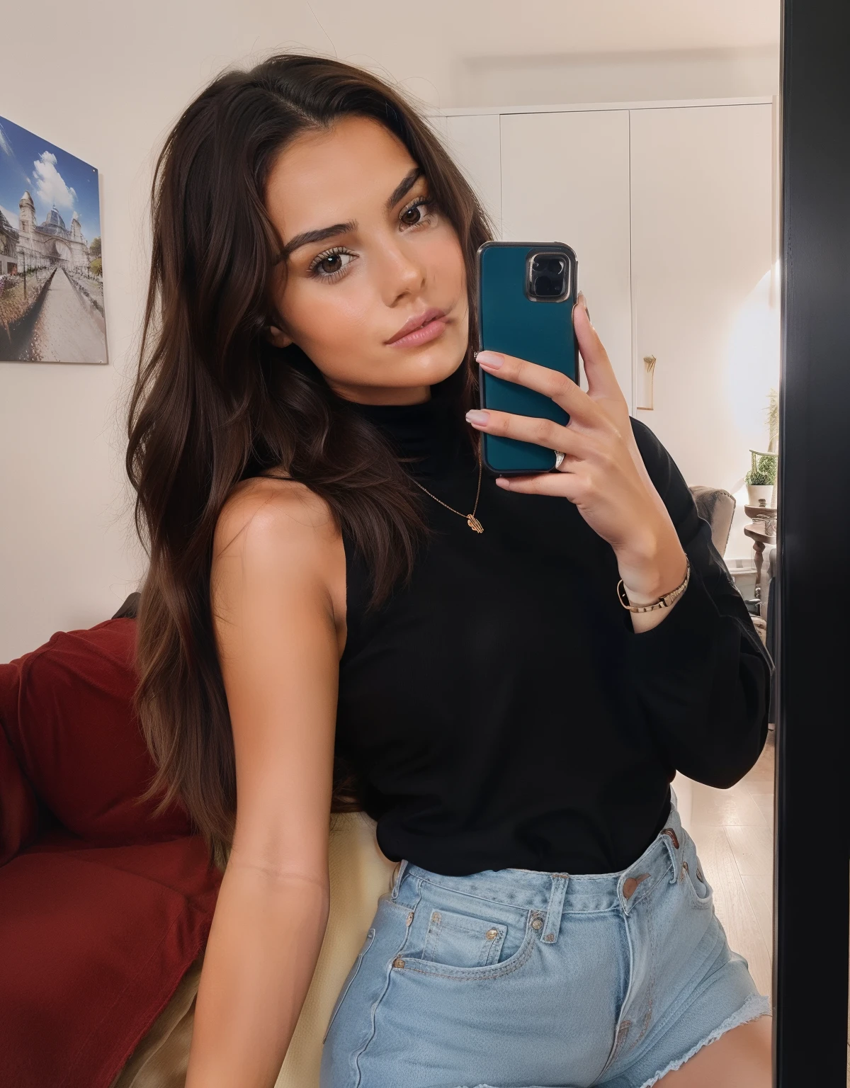 jeune femme brune, influenceuse instagram, home outfit, selfie front camera you can't see the phone, story instagram